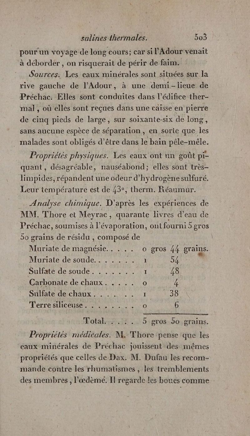 pour'un voyage de long cours; car si l’Adour venait à déborder , on risquerait de périr de faim. Sources. Les eaux minérales sont situées sur la rive gauche de l’Adour, à une demi-lieue de Préchac. Elles sont conduites dans l’édifice ther- mal , où elles sont reçues dans une caïsse en pierre de cinq pieds de large, sur soixante-six de long, sans aucune espèce de séparation, en sorie que les malades sont obligés d’être dans le bain pêle-méle. Propriétés physiques. Yes eaux ont un goût pi- quant , désagréable, nauséabond; elles sont très- limpides, répandent une odeur d'hydrogène sulfuré. Leur température est de 43°, therm. Réaumur. Analyse chimique. D'après les expériences de MM. Thore et Meyrac, quarante livres d’eau de Préchac, soumises à l’évaporation, out fourni 5 gros 50 grains de résidu , composé de Muriate de magnésie.. . . . o gros 44 grains. Muriate de soude. . . . ... . 1 54 DULIME de soude. 0 NAS 48 Carbonate de chaux. . ... o A Sulfate de chaux . . ... .. 1: 38 Terre siliceuse . . ...... o 6 SRE EU. Pot lf : \15sgros00 grains. Propriétés médicales. M. Thore pense que les eaux minérales de Préchac jouissent des mêmes propriétés que celles de Dax. M. Dufau les recom- mande contre les rhumatismes , les tremblements des membres, l’œdème. I regarde les boues comme