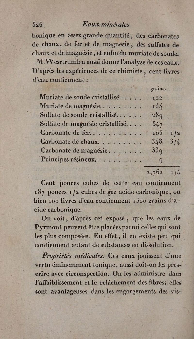 bonique en assez grande quantité, des carbonates de chaux, de fer et de magnésie, des sulfates de chaux et de magnésie, et enfin du muriate de soude. M. W esrtrumb a aussi donné l’analyse de ces eaux. D'après les expériences de ce chimiste, cent livres d’eau contiennent : ME grains. Muriate de soude cristallisé. . : : . 122 Muriate de magnésie.. . . . . . . . 134 Sulfate de soude cristallisé. .. . . . 289 Sulfate de magnésie cristallisé. . . . 547 Garbonate defernii. 3 mds ro fa Carbonate de chaux. . ....... 348 3/4 Carbonate de magnésie. . . . .. . 339 Principes résineux. . . . : . ..., 9 2,702 LE Cent pouces cubes de cette eau contiennent 1867 pouces 1/2 cubes de gaz acide carbonique, eu bien 100 livres d'eau contiennent 1500 grains d’a- cide carbonique. On voit, d’après cet exposé, que les eaux de Pyrmont peuvent êt-e placées parmi celles qui sont les plus composées. En effet, il en existe peu qui contiennent autant de substances en dissolution. Propriétés médicales. Ces eaux jouissent d’une vertu éminemment tonique; aussi doit-on les pres- crire avec circonspection. On les adminisire dans l’affaiblissement et le relâchement des fibres; elles sont avantageuses dans les engorgements des vis-