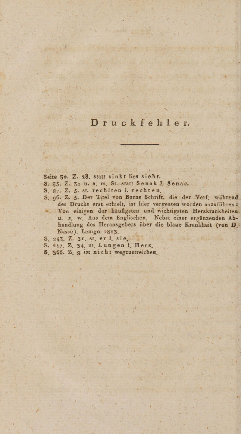 . Druckfehler - 30. Z. 28. statt ik: lies Fehr S. 35. Z. 5o u.a, m, St. statt Senak J], Senac. S. 87. 2. 5. st. rechlten 1. rechten, S, 96. Z 5. Der Titel von Burns Schrift, die der Verf, während. des Drucks erst erhielt, ist hier vergessen worden anzuführen: “_. Von einigen der.häufgsten und wichtigsten Herzkrankheiten. u. s, w, Aus dem Englischen, Nebst einer ergänzenden Ab- handlung des Herausgebers über die blaue u, es D. Nasse). Lemgo 18:3, S, 245, Z. 51, st, er l, sie, &gt; S. 247. Z. 34. st. Lungen ], Herz, Ss, 366. Z, g ıst nicht wegzustreichen,