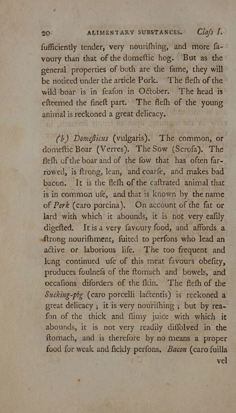 fufficiently tender, very nourifhing, and more fa- voury than that of the domeftic hog. ‘But as the general properties of both are the fame, they will be noticed under the article Pork. © The flefh of the wild'boar is in feafon in Oétober. ‘The head is efteemed the fineft part. The fleth of the young animal is reckoned a great delicacy. (b) Domefticus (vulgaris). The common, or domeftic Boar (Verres).. The Sow (Scrofa). The fiefh of the boar and of the fow that has often far- rowed, is ftrong, lean, and coarfe, and makes bad bacon. It is the flefh of the caftrated animal that is in common uf, and that is known by the name of Pork (caro porcina). On account of the fat or lard with which it abounds, it is hot very eafily digefted. Itisavery favoury food, and affords a trong nourifhment, fuited to perfons who lead an active. or laborious life. The too frequent and Icng continued ufe of this meat favours obefity, produces foulnefs of the ftomach and’ bowels, and occafions diforders of the fkin. ‘The flefh of the Sucking-plg (caro porcelli lactentis) 1s reckoned a great delicacy ; it is very nourifhing ; but by rea- fon of the thick and flimy juice with which it abounds, it is not very readily diffolved in the ftomach, and is therefore by no means a proper food for weak and fickly perfons, Bacon (caro fuilla . vel