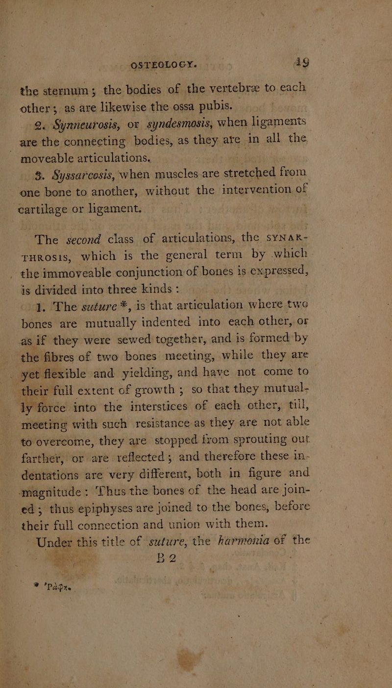 OSTEOLOGY. Ln Ag the sternum; the bodies of the vertebra to each other; as are likewise the ossa pubis. _ | 2. Synneurosis, or syndesmosis, when ligaments are the connecting bodies, as a are in all the moveable articulations. 8. Syssarcosis, when muscles are stretched from one bone to another, ‘without the intervention of cartilage or ligament. | The second class of articulations, the syn AR- tHRosis, which is the general term by which - _ the immoveable conjunction of bones is SMpaESEC, is divided into three kinds : 4. The suture *, is that articulation where twe bones are mutually indented into each other, or as if they were sewed together, and is formed by the fibres of two bones meeting, while they are vn yet flexible and yielding, and have not come to their full extent of growth ; so that they mutua a]. ly force into the interstices of each other, tl, meeting with such resistance as they are not able to overcome, they are stopped irom sprouting out farther, or are reflected; and therefore these in- dentations are very different, both in figure and magnitude: Thus the bones of the head are join- ed; thus epiphyses are joined to the bones, before their full connection and union with them. Under this title of suture, the harmonia of the > ve ’ a ae . as A. * haar