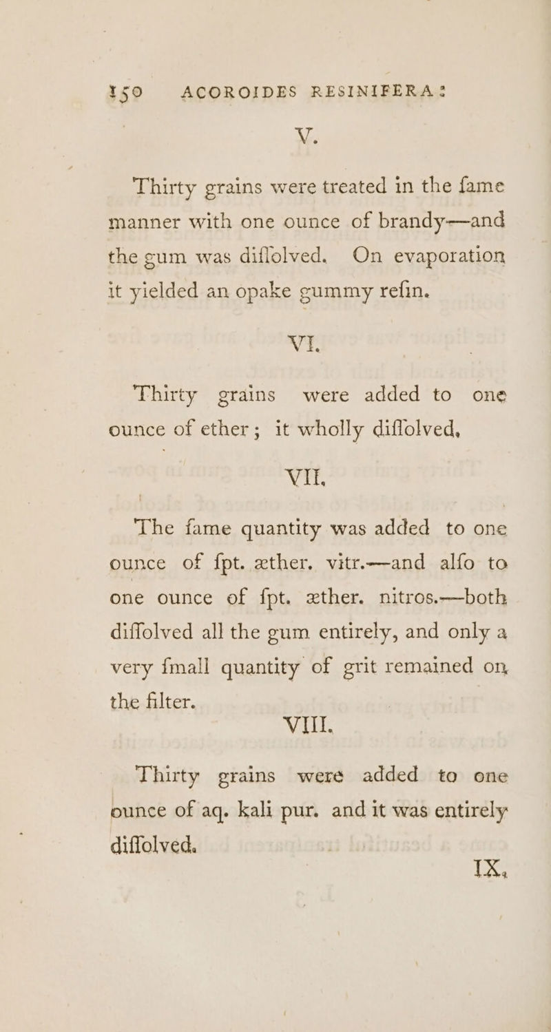 V. Thirty grains were treated in the fame manner with one ounce of brandy—and the gum was diflolved. On evaporation it yielded an opake gummy refin. VI. Thirty grains were added to one ounce of ether; it wholly diflolved, VI, The fame quantity was added to one ounce of fpt. ether. vitr.—and alfo to one ounce of {fpt. xther. nitros.—both diffolved all the gum entirely, and only a very {mall quantity of grit remained on, the filter. Vill Thirty grains were added to one ounce of aq. kali pur. and it was entirely diflolved. TX,