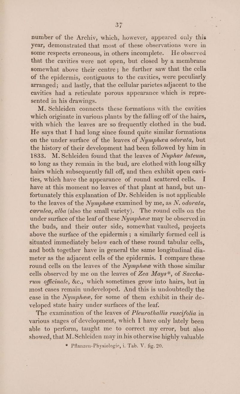number of the Archiv, which, however, appeared only this year, demonstrated that most of these observations were in some respects erroneous, in others incomplete. He observed that the cavities were not open, but closed by a membrane somewhat above their centre; he further saw that the cells of the epidermis, contiguous to the cavities, were peculiarly arranged; and lastly, that the cellular parietes adjacent to the cavities had a reticulate porous appearance which is repre- sented in his drawings. M. Schleiden connects these formations with the cavities which originate in various plants by the falling off of the hairs, with which the leaves are so frequently clothed in the bud. He says that I had long since found quite similar formations on the under surface of the leaves of Nymphea odorata, but the history of their development had been followed by him in 1833. M.Schleiden found that the leaves of Nuphar luteum, so long as they remain in the bud, are clothed with long silky hairs which subsequently fall off, and then exhibit open cavi- ties, which have the appearance of round scattered cells. I have at this moment no leaves of that plant at hand, but un- fortunately this explanation of Dr. Schleiden is not applicable to the leaves of the Nymphee examined by me, as N. odorata, cerulea, alba (also the small variety). The round cells on the under surface of the leaf of these Nymphece may be observed in the buds, and their outer side, somewhat vaulted, projects above the surface of the epidermis ; a similarly formed cell is situated immediately below each of these round tabular cells, and both together have in general the same longitudinal dia- meter as the adjacent cells of the epidermis. I compare these round cells on the leaves of the Nymphee with those similar cells observed by me on the leaves of Zea Mays*, of Saccha- rum officinale, &amp;c., which sometimes grow into hairs, but in most cases remain undeveloped. And this is undoubtedly the case in the Nymphee, for some of them exhibit in their de- veloped state hairy under surfaces of the leaf. The examination of the leaves of Pleurothallis ruscifolia in various stages of development, which I have only lately been able to perform, taught me to correct my error, but also showed, that M.Schleiden may in his otherwise highly valuable * Pflanzen-Physiologie, 1. Tab. V. fig. 20.