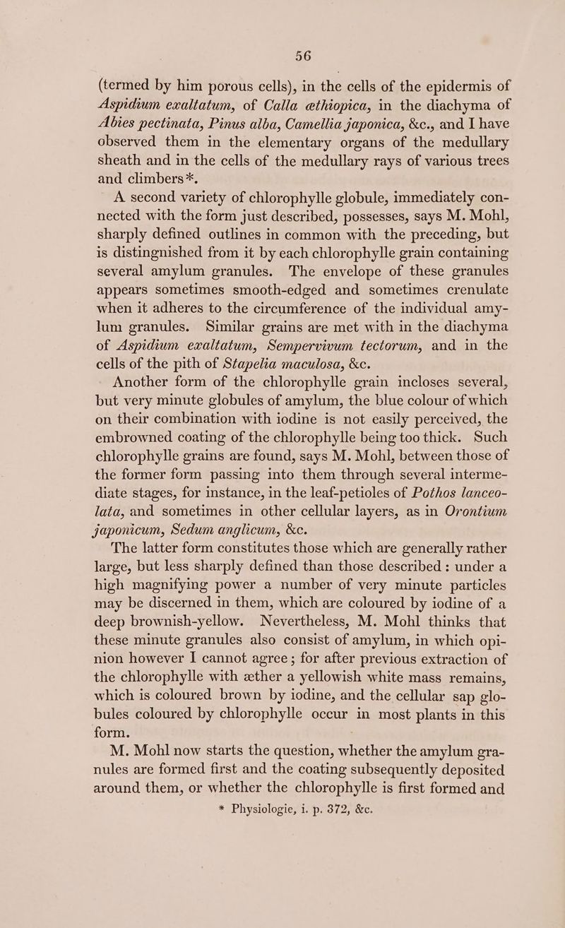 (termed by him porous cells), in the cells of the epidermis of Aspidium exaltatum, of Calla ethiopica, in the diachyma of Abies pectinata, Pinus alba, Camellia japonica, &amp;c., and I have observed them in the elementary organs of the medullary sheath and in the cells of the medullary rays of various trees and climbers*. A second variety of chlorophylle globule, immediately con- nected with the form just described, possesses, says M. Mohl, sharply defined outlines in common with the preceding, but is distingnished from it by each chlorophylle grain containing several amylum granules. The envelope of these granules appears sometimes smooth-edged and sometimes crenulate when it adheres to the circumference of the individual amy- lum granules. Similar grains are met with in the diachyma of Aspidium exaltatum, Sempervivum tectorum, and in the cells of the pith of Stapelia maculosa, &amp;c. Another form of the chlorophylle grain incloses several, but very minute globules of amylum, the blue colour of which on their combination with iodine is not easily perceived, the embrowned coating of the chlorophylle being too thick. Such chlorophylle grains are found, says M. Mohl, between those of the former form passing into them through several interme- diate stages, for instance, in the leaf-petioles of Pothos lanceo- lata, and sometimes in other cellular layers, as in Orontium japonicum, Sedum anglicum, &amp;c. The latter form constitutes those which are generally rather large, but less sharply defined than those described: under a high magnifying power a number of very minute particles may be discerned in them, which are coloured by iodine of a deep brownish-yellow. Nevertheless, M. Mohl thinks that these minute granules also consist of amylum, in which opi- nion however I cannot agree; for after previous extraction of the chlorophylle with ether a yellowish white mass remains, which is coloured brown by iodine, and the cellular sap glo- bules coloured by chlorophylle occur in most plants in this form. ? M. Mohl now starts the question, whether the amylum gra- nules are formed first and the coating subsequently deposited around them, or whether the chlorophylle is first formed and * Physiologie, i. p. 372, &amp;c.
