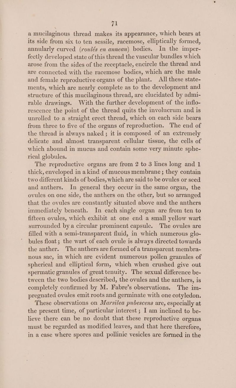 a mucilaginous thread makes its appearance, which bears at its side from six to ten sessile, racemose, elliptically formed, annularly curved (roulés en anneau) bodies. In the imper- fectly developed state of this thread the vascular bundles which arose from the sides of the receptacle, encircle the thread and are connected with the racemose bodies, which are the male and female reproductive organs of the plant. All these state- ments, which are nearly complete as to the development and structure of this mucilaginous thread, are elucidated by admi- rable drawings. With the further development of the inflo- rescence the point of the thread quits the involucrum and is unrolled to a straight erect thread, which on each side bears from three to five of the organs of reproduction. The end of the thread is always naked ; it is composed of an extremely delicate and almost transparent cellular tissue, the cells of which abound in mucus and contain some very minute sphe- rical globules. The reproductive organs are from 2 to 3 lines long and 1 thick, enveloped in akind of mucous membrane; they contain two different kinds of bodies, which are said to be ovules or seed and anthers. In general they occur in the same organ, the ovules on one side, the anthers on the other, but so arranged that the ovules are constantly situated above and the anthers immediately beneath. In each single organ are from ten to fifteen ovules, which exhibit at one end a small yellow wart surrounded bya circular prominent capsule. The ovules are filled with a semi-transparent fluid, in which numerous glo- bules float ; the wart of each ovule is always directed towards the anther. The anthers are formed of a transparent membra- nous sac, in which are evident numerous pollen granules of spherical and elliptical form, which when crushed give out spermatic granules of great tenuity. The sexual difference be- tween the two bodies described, the ovules and the anthers, is completely confirmed by M. Fabre’s observations. The im- pregnated ovules emit roots and germinate with one cotyledon. These observations on Marsilea pubescens are, especially at the present time, of particular interest ; I am inclined to be- lieve there can be no doubt that these reproductive organs must be regarded as modified leaves, and that here therefore, in a case where spores and pollinic vesicles are formed in the