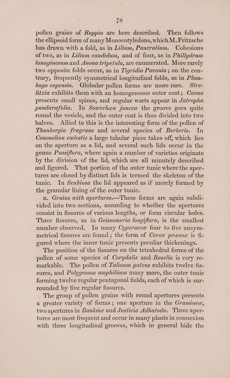 18 pollen grains of Ruppia are here described. Then follows the ellipsoid form of many Monocotyledons, which M. Fritzsche has drawn with a fold, as in Lilium, Pancratium. Cohesions of two, as in Lilium candidum, and of four, as in Phillydrum lanuginosum and Anona tripetala, are enumerated. More rarely two opposite folds occur, as in Tigridia Pavonia ; on the con- trary, frequently symmetrical longitudinal folds, as in Plum- bago capensis. Globular pollen forms are more rare. Stre- htzia exhibits them with an homogeneous outer coat; Canna presents small spines, and regular warts appear in Jatropha pandurefolia. In Sowerbea juncea the groove goes quite round the vesicle, and the outer coat is thus divided into two halves. Allied to this is the interesting form of the pollen of Thunbergia fragrans and several species of Berberis. In Commelina celestis a large tabular piece takes off, which lies on the aperture as a lid, and several such lids occur in the genus Passiflora, where again a number of varieties originate by the division of the lid, which are all minutely described and figured. ‘That portion of the outer tunic where the aper- tures are closed by distinct lids is termed the skeleton of the tunic. In Scadiosa the lid appeared as if merely formed by the granular lining of the outer tunic. B. Grains with apertures.—These forms are again subdi- vided into two sections, according to whether the apertures consist in fissures of various lengths, or form circular holes. Three fissures, as in Geissomeria longiflora, is the smallest number observed. In many Cyperacee four to five unsym- metrical fissures are found; the form of Carex precoxr is fi- gured where the inner tunic presents peculiar thickenings. The position of the fissures on the tetrahedral forms of the pollen of some species of Corydalis and Basella is very re- markable. The pollen of Talinum patens exhibits twelve fis- sures, and Polygonum amphibium many more, the outer tunic forming twelve regular pentagonal fields, each of which is sur- rounded by five regular fissures. The group of pollen grains with round apertures presents a greater variety of forms; one aperture in the Gramineae, two apertures in Banksie and Justicia Adhatoda. Three aper- tures are most frequent and occur in many plants in connexion with three longitudinal grooves, which in general hide the