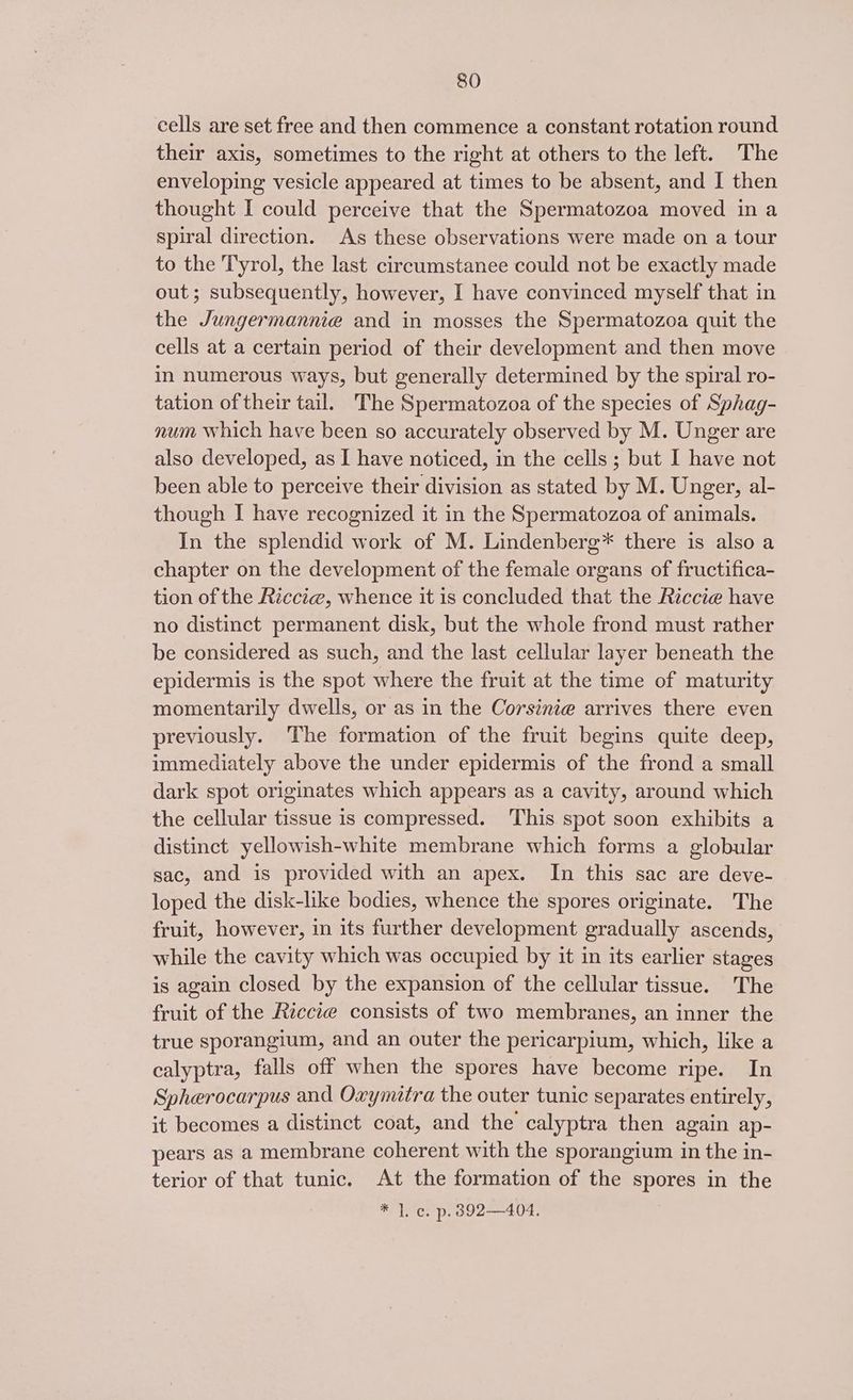 cells are set free and then commence a constant rotation round their axis, sometimes to the right at others to the left. The enveloping vesicle appeared at times to be absent, and I then thought I could perceive that the Spermatozoa moved in a spiral direction. As these observations were made on a tour to the Tyrol, the last circumstanee could not be exactly made out ; subsequently, however, I have convinced myself that in the Jungermannié and in mosses the Spermatozoa quit the cells at a certain period of their development and then move in numerous ways, but generally determined by the spiral ro- tation of their tail. The Spermatozoa of the species of Sphag- num which have been so accurately observed by M. Unger are also developed, as I have noticed, in the cells ; but I have not been able to perceive their division as stated by M. Unger, al- though I have recognized it in the Spermatozoa of animals. In the splendid work of M. Lindenberg* there is also a chapter on the development of the female organs of fructifica- tion of the Riccie, whence it is concluded that the Riccie have no distinct permanent disk, but the whole frond must rather be considered as such, and the last cellular layer beneath the epidermis is the spot where the fruit at the time of maturity momentarily dwells, or as in the Corsinie arrives there even previously. The formation of the fruit begins quite deep, immediately above the under epidermis of the frond a small dark spot originates which appears as a cavity, around which the cellular tissue is compressed. This spot soon exhibits a distinct yellowish-white membrane which forms a globular sac, and is provided with an apex. In this sac are deve- loped the disk-like bodies, whence the spores originate. The fruit, however, in its further development gradually ascends, while the cavity which was occupied by it in its earlier stages is again closed by the expansion of the cellular tissue. The fruit of the Riccze consists of two membranes, an inner the true sporangium, and an outer the pericarpium, which, like a calyptra, falls off when the spores have become ripe. In Spherocarpus and Oxymitra the outer tunic separates entirely, it becomes a distinct coat, and the calyptra then again ap- pears as a membrane coherent with the sporangium in the in- terior of that tunic. At the formation of the spores in the * 1, , p.892—404.