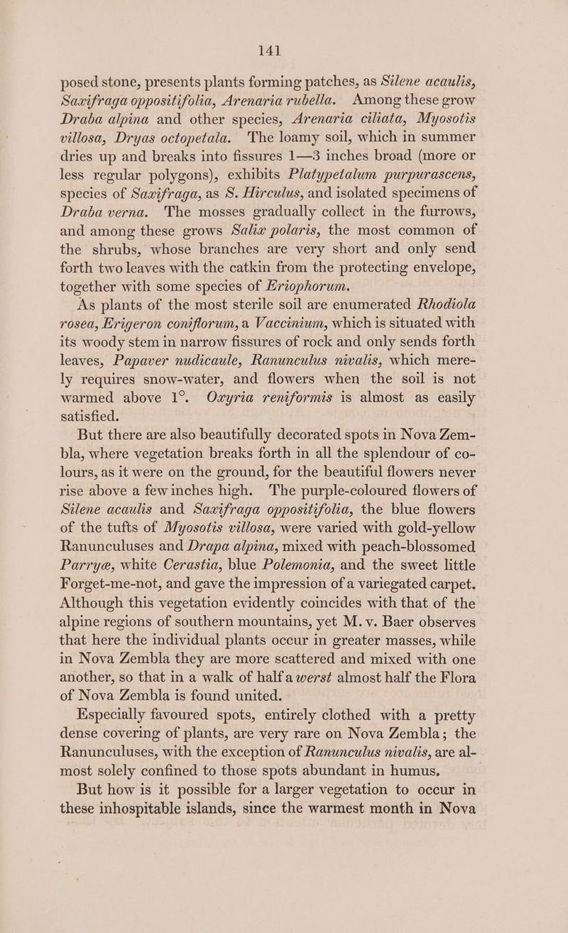 14] posed stone, presents plants forming patches, as Szlene acaulis, Saxifraga oppositifolia, Arenaria rubella. Among these grow Draba alpina and other species, Arenaria ciliata, Myosotis villosa, Dryas octopetala. The loamy soil, which in summer dries up and breaks into fissures 1—3 inches broad (more or less regular polygons), exhibits Platypetalum purpurascens, species of Saxifraga, as 8. Hirculus, and isolated specimens of Draba verna. The mosses gradually collect in the furrows, and among these grows Salix polaris, the most common of the shrubs, whose branches are very short and only send forth two leaves with the catkin from the protecting envelope, together with some species of Eriophorum. As plants of the most sterile soil are enumerated Rhodiola rosea, Erigeron coniflorum, a Vaccinium, which is situated with its woody stem in narrow fissures of rock and only sends forth leaves, Papaver nudicaule, Ranunculus nivalis, which mere- ly requires snow-water, and flowers when the soil is not warmed above 1°. Ozyria reniformis is almost as easily satisfied. But there are also beautifully decorated spots in Nova Zem- bla, where vegetation breaks forth in all the splendour of co- lours, as it were on the ground, for the beautiful flowers never rise above a fewinches high. The purple-coloured flowers of Silene acaulis and Sazxifraga oppositifolia, the blue flowers of the tufts of Myosotis villosa, were varied with gold-yellow Ranunculuses and Drapa alpina, mixed with peach-blossomed Parrye, white Cerastia, blue Polemonia, and the sweet little Forget-me-not, and gave the impression of a variegated carpet. Although this vegetation evidently coincides with that of the alpine regions of southern mountains, yet M.v. Baer observes that here the individual plants occur in greater masses, while in Nova Zembla they are more scattered and mixed with one another, so that in a walk of halfa werst almost half the Flora of Nova Zembla is found united. Especially favoured spots, entirely clothed with a pretty dense covering of plants, are very rare on Nova Zembla; the Ranunculuses, with the exception of Ranunculus nivalis, are al- most solely confined to those spots abundant in humus. But how is it possible for a larger vegetation to occur in these inhospitable islands, since the warmest month in Nova