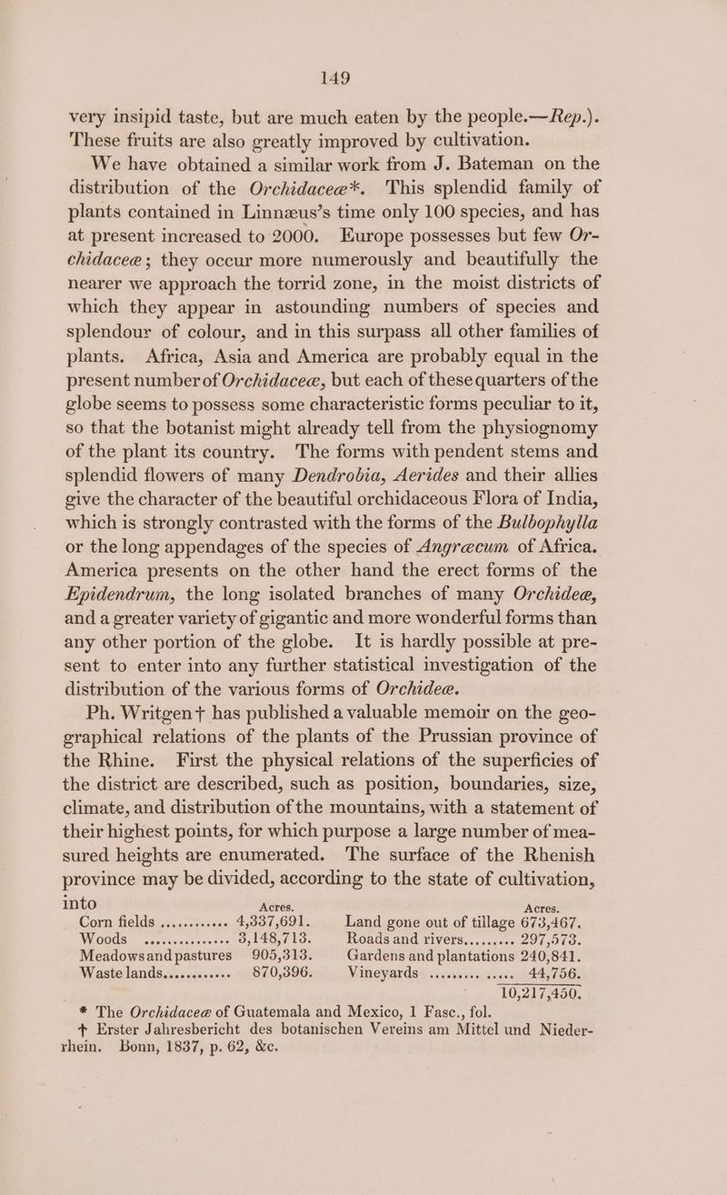 very insipid taste, but are much eaten by the people.—Rep.). These fruits are also greatly improved by cultivation. We have obtained a similar work from J. Bateman on the distribution of the Orchidacee*. 'his splendid family of plants contained in Linnzeus’s time only 100 species, and has at present increased to 2000. Europe possesses but few Or- chidacee ; they occur more numerously and beautifully the nearer we approach the torrid zone, in the moist districts of which they appear in astounding numbers of species and splendour of colour, and in this surpass all other families of plants. Africa, Asia and America are probably equal in the present number of Orchidacee, but each of these quarters of the globe seems to possess some characteristic forms peculiar to it, so that the botanist might already tell from the physiognomy of the plant its country. The forms with pendent stems and splendid flowers of many Dendrobia, Aerides and their allies give the character of the beautiful orchidaceous Flora of India, which is strongly contrasted with the forms of the Bulbophylla or the long appendages of the species of Angrecum of Africa. America presents on the other hand the erect forms of the Epidendrum, the long isolated branches of many Orchidee, and a greater variety of gigantic and more wonderful forms than any other portion of the globe. It is hardly possible at pre- sent to enter into any further statistical investigation of the distribution of the various forms of Orchidee. Ph. Writgen+ has published a valuable memoir on the geo- graphical relations of the plants of the Prussian province of the Rhine. First the physical relations of the superficies of the district are described, such as position, boundaries, size, climate, and distribution of the mountains, with a statement of their highest points, for which purpose a large number of mea- sured heights are enumerated. The surface of the Rhenish province may be divided, according to the state of cultivation, into Acres. Acres. Corn teldgiiss..cciteseas 4,337,691. Land gone out of tillage 673,467. WOOMS —— -ateacnan'esset's 3,148,713. Roads and rivers......... 297,963. Meadowsand pastures 905,318. Gardens and plantations 240,841. W astelands.i.cccisesas 870,396. Minevards+ aqistiveeies 44,756. 10,217,450. * The Orchidacee of Guatemala and Mexico, 1 Fasc., fol. + Erster Jahresbericht des botanischen Vereins am Mittel und Nieder- rhein. Bonn, 1837, p. 62, &amp;c.