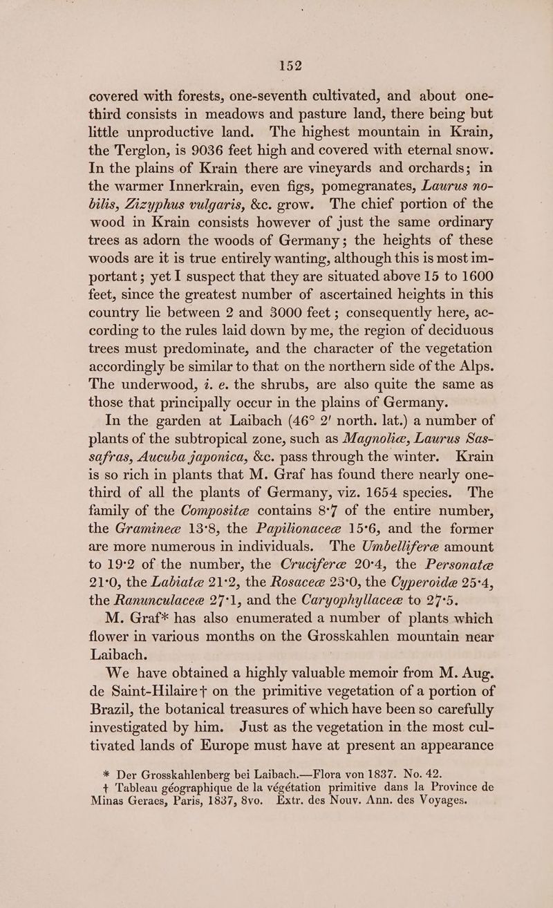 covered with forests, one-seventh cultivated, and about one- third consists in meadows and pasture land, there being but little unproductive land. The highest mountain in Krain, the Terglon, is 9036 feet high and covered with eternal snow. In the plains of Krain there are vineyards and orchards; in the warmer Innerkrain, even figs, pomegranates, Laurus no- bilis, Zizyphus vulgaris, &amp;c. grow. The chief portion of the wood in Krain consists however of just the same ordinary trees as adorn the woods of Germany; the heights of these woods are it is true entirely wanting, although this is most im- portant ; yet I suspect that they are situated above 15 to 1600 feet, since the greatest number of ascertained heights in this country lie between 2 and 3000 feet ; consequently here, ac- cording to the rules laid down by me, the region of deciduous trees must predominate, and the character of the vegetation accordingly be similar to that on the northern side of the Alps. The underwood, 7. e. the shrubs, are also quite the same as those that principally occur in the plains of Germany. In the garden at Laibach (46° 2’ north. lat.) a number of plants of the subtropical zone, such as Magnolie, Laurus Sas- safras, Aucuba japonica, &amp;c. pass through the winter. Krain is so rich in plants that M. Graf has found there nearly one- third of all the plants of Germany, viz. 1654 species. The family of the Composite contains 8°7 of the entire number, the Graminee 13°8, the Papilionacee 15°6, and the former are more numerous in individuals. The Umbellifere amount to 19°2 of the number, the Crucifere 20°4, the Personate 21:0, the Labiate 21:2, the Rosacee 23:0, the Cyperoide 25:4, the Ranunculacee 27°1, and the Caryophyllacee to 27°5. M. Graf* has also enumerated a number of plants which flower in various months on the Grosskahlen mountain near Laibach. | We have obtained a highly valuable memoir from M. Aug. de Saint-Hilaire+ on the primitive vegetation of a portion of Brazil, the botanical treasures of which have been so carefully investigated by him. Just as the vegetation in the most cul- tivated lands of Kurope must have at present an appearance * Der Grosskahlenberg bei Laibach.—Flora von 1837. No. 42. + Tableau géographique de la végétation primitive dans la Province de Minas Geraes, Paris, 1837, 8vo. Extr. des Nouv. Ann. des Voyages.
