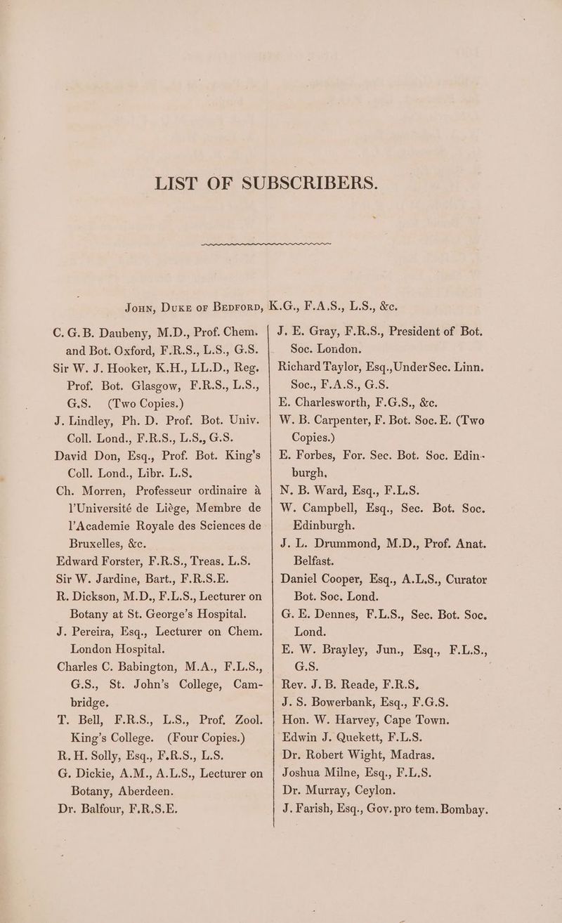 C.G.B. Daubeny, M.D., Prof. Chem. and Bot. Oxford, F.R.S., L.S., G.S. Sir W. J. Hooker, K.H., LL.D., Reg. Prof. Bot. Glasgow, F.R.S., L.S., G.S. (Two Copies.) J. Lindley, Ph. D. Prof. Bot. Univ. Coll. Lond., F.R.S., L.S., G.S. David Don, Esq., Prof. Bot. King’s Coll. Lond., Libr. L.S. Ch. Morren, Professeur ordinaire a l'Université de Liége, Membre de l’Academie Royale des Sciences de Bruxelles, &amp;c. Edward Forster, F.R.S., Treas. L.S. Sir W. Jardine, Bart., F.R.S.E. R. Dickson, M.D., F.L.S., Lecturer on Botany at St. George’s Hospital. J. Pereira, Esq., Lecturer on Chem. London Hospital. Charles C. Babington, M.A., F.L.S., G.S.,. St. bridge. T. Bell, F-.R.S., L:S.,- Prof..Zool. King’s College. (Four Copies.) R. H. Solly, Esq., F.R.S., L.S. G. Dickie, A.M., A.L.S., Lecturer on Botany, Aberdeen. Dr. Balfour, F.R.S.E. John’s College, Cam- J. E. Gray, F.R.S., President of Bot. Soc. London. Richard Taylor, Esq., Under Sec. Linn. Soc., F.A.S., G.S. E. Charlesworth, F.G.S., &amp;c. W. B. Carpenter, F. Bot. Soc. E. (Two Copies.) E. Forbes, For. Sec. Bot. Soc. Edin- burgh, N. B. Ward, Esq., F.L.S. W. Campbell, Esq., Sec. Bot. Soc. Edinburgh. J. L. Drummond, M.D., Prof. Anat. Belfast. Daniel Cooper, Esq., A.L.S., Curator Bot. Soc. Lond. G. E. Dennes, F.L.S., Sec. Bot. Soc. Lond. E. W. Brayley, Jun., Esq., F.L.S., G.S. Rev. J. B. Reade, F.R.S, J.S. Bowerbank, Esq., F.G.S. Hon. W. Harvey, Cape Town. Edwin J. Quekett, F.L.S. Dr. Robert Wight, Madras. Joshua Milne, Esq., F.L.S. Dr. Murray, Ceylon. J. Farish, Esq., Gov. pro tem. Bombay.