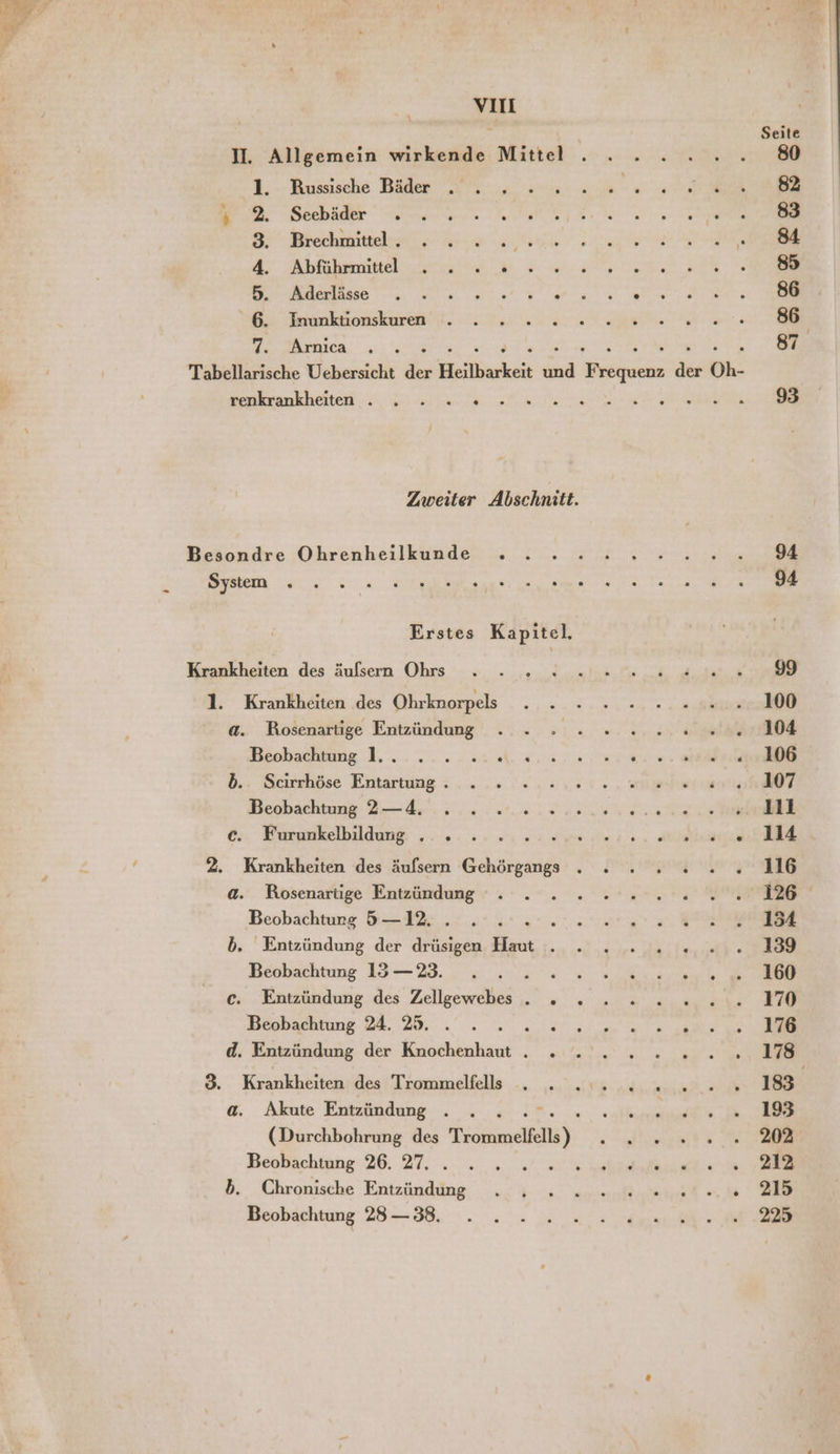 a 7’ ir VIII II. Allgemein wirkende Mittel . . . 2 .2..2..80 Bussische Bädern 2 „van 3 u a a Br ee ee En Brechuiehun a u Ablokenikel ra 0 0 er 1 A A Ikea ee en Arica . . 87 Tabellarische Uebersicht 3, Heilbarkeit ni RER 2 Oh. eh a RE Ve .npupope Zweiter Abschnitt. DBesondre Ohrenheilkunde 2. re SB RU RO re 94 Erstes Kapitel, Krankheiten des äußern Ohrs . . 2 ! 22 2.2. 22.0.8 1. Krankheiten des Ohrknorpes . . » » 2...202....100 a. RBosenartige Entzündung . » 2 2 2. 2.2.00 000,.104 Beohachning 1... 2.202 Ad. 2.007280 00 0 BA b.: Scierhöse Entartung &.0.0 22108. , nei Beobachtung DL... 2. 0 TE ee ec. Furunkelbildung . . . dee, Me 2. Krankheiten des äufsern ROT = ieiegagulnng se a. Rosenartige Entzündung « ; „=. 220.0 Wa Beobachtung 12: .: 2° 4° 22.2.2002 = PETE b. Entzündung der drüsigen Haut . . . 2 2 2.....139 Beshachtung 13 33... Eur. 2 7 m We ie ec; Entzündung des Zellgewebes -. . «© . = 2.2.01 30 Besbaektung BES... 2 u Sn a Fe d. Entzündung der Knochenhaut . » . 2 2 2 .2..2..17 3 Krankheiten des Trommelfells . . 12.2.2... . 18 a. Akute Entzündung . . R RE (Durchbohrung des Hecke) ey Beobachtung 26. 27. 1. b. Chronische Entzändüng u Wr ca ee vr