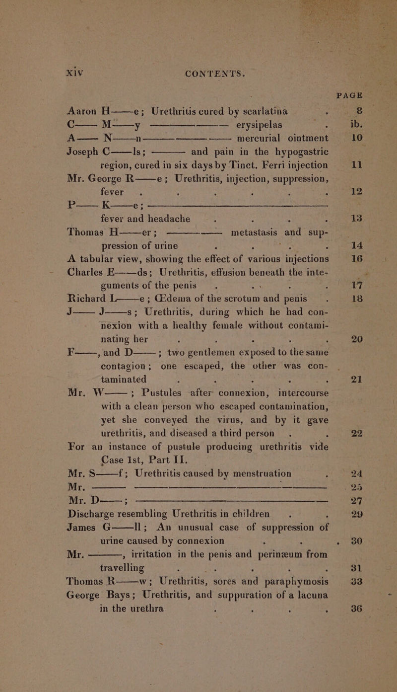 Aaron H e; Urethritis cured by scarlatina C M-—-y — erysipelas vie A N n mercurial ointment Joseph C Is; ———— and pain in the hypogastric region, cured in six days by Tinct, Ferri injection Mr. George R e; Urethritis, injection, suppression, fever. : : : : : P— K ————— — fever and headache : 4 ; Thomas H ~———- metastasis and sup- pression aS urine : ; ae : A tabular view, showing the effect of various injections Charles E——ds; Urethritis, effusion beneath the: inte- guments of the penis. : Richard L e ; Gidema of the scrotum and penis J J s; Urethritis, during which he had con- nexion with a healthy female without contami- nating her : , : : F , and D——— ; two gentlemen exposed to the same contagion; one spied the other was con- taminated rise ‘ ae Mr. W ; Pustules after Sean intercourse with a lean person who escaped contamination, yet she conveyed the virus, and by it gave urethritis, and diseased athird person. s For an instance of pustule producing urethritis vide Case Ist, Part II. Mr. 8 f{; Urethritis caused by menstruation ; Mr, ——— ----— —- Mr. D $0 Discharge resembling Urethritis in children ‘ James G Il; An unusual case of suppression of urine caused by connexion ; : Mr. ———, irritation in the penis and perinzeum from travelling : : : : : Thomas R Ww; Urethane. sores and paraplhymosis George Bays; Urethra, and suppuration of a lacuna in the urethra : : . : 13 20 21 22