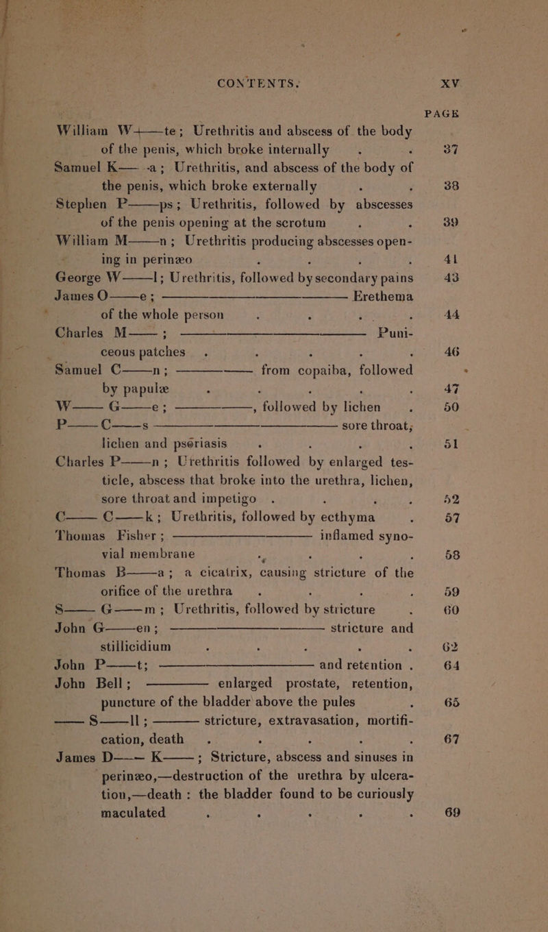 le bs + a tn ~ CONTENTS, of the penis, which broke internally the penis, which broke externally ‘Stephen P ps; Urethritis, followed by a hisseatis of the penis opening at the scrotum : A William M n; Urethritis producing abscesses open- ing in perinzo George W 1; Urethritis, Pallewen ue seevndety pains James O e 3; ——_—____-—________—- Erethema of the whole person ‘ : 7 ; Charles M —— Puni- ceous patches Samuel C from copaiba, followed by papule : , W— G , followed by lichen p——C sore throat; lichen Aa pseriasis Charles P n; Urethritis followed * entarea tes- ticle, abscess that broke into the urethra, lichen, sore throat and impetigo C C k; Urethritis, followed by Sethian Thomas Fisher ; ————————-———— inflamed syno- vial membrane + Thomas B a; a cicatrix, causing stricture of ie orifice of the urethra S—— G m; Urethritis, followed Ae stricture John G en; stricture and . stillicidium ; : John P and retention . John Bell; ————— enlarged prostate, retention, puncture of the bladder above the pules ll ; ————- stricture, extravasation, mortifi- cation, death : : : James D K : Stricture, abscess and sinuses in _perinzeo,—destruction of the urethra by ulcera- tion,—death : the bladder found to be curiously maculated : : ‘ : : —S 46 67 69