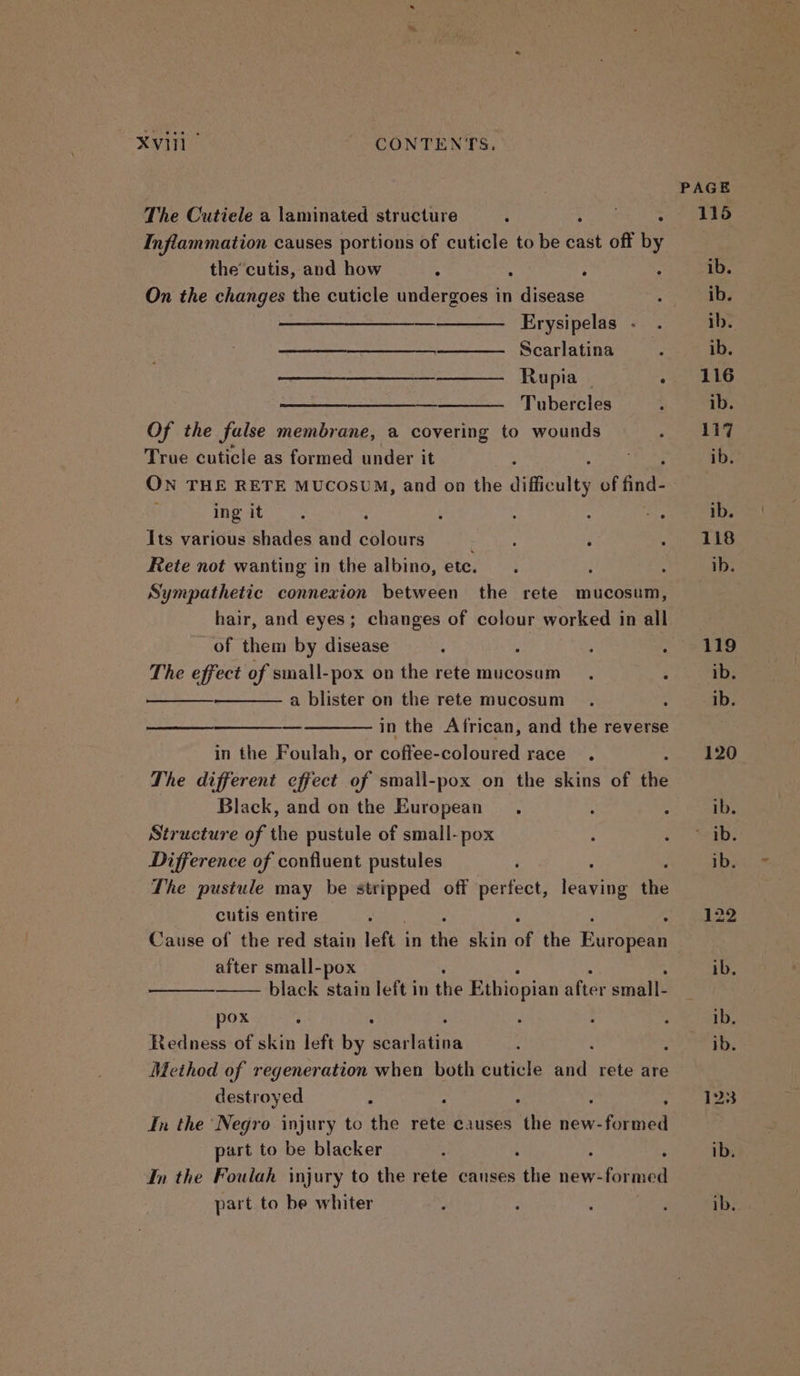 The Cutiele a laminated structure ; Shei, ; Inflammation causes portions of cuticle to be cast off by the’ cutis, and how 5 4 ; : On the changes the cuticle undergoes in disease ——— Erysipelas .- Scarlatina : —_—_——__—_————. Rupia | ‘ Tubercles Of the false membrane, a covering to wounds True cuticle as formed under it ON THE RETE MUCOSUM, and on the difficulty of ind: ing it Its various shades and eblours Rete not wanting in the albino, ete. : Sympathetic connexion between the rete mucosum, hair, and eyes; changes of colour worked in all of them by disease , : ; : The effect of small-pox on the rete mucosum a blister on the rete mucosum : ————— in the African, and the reverse in the Foulah, or coffee-coloured race. The different effect of small-pox on the skins of the Black, and on the European. Structure of the pustule of small-pox Difference of confluent pustules The pustule may be stripped off a Gfect Ey: the cutis entire . : Cause of the red stain left in the skin 7s the Rutorean after small-pox black stain left in the Ethiopian after small- pox i : Redness of skin left by seen ; Method of regeneration when both cuticle sii rete are destroyed : : ; : In the Negro injury to the rete causes the new- efonnled part to be blacker : : : In the Foulah injury to the rete causes the new- ifoeued part to be whiter
