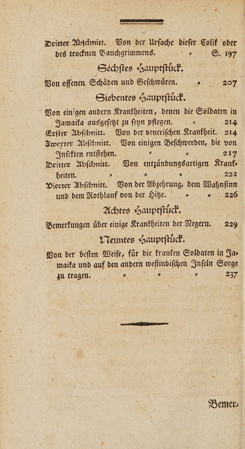 Dritter Abſchnitt. Von der Urſache dieſer Colik oder des trocknen Bauchgrimmens. s S. 197 Sechſtes Hauptſtöck. | Von offenen, Schaͤden und Geſchwüͤren. „ 207 Siebentes Hauptſtuͤck. Von einigen andern Krankheiten, denen die Soldaten in Jamaika ausgeſetzt zu ſeyn pflegen. e 21 Erſter Abſchnitt. Von der veneriſchen Krankheit. 214 Sweyter Abſchnitt. Von einigen Beſchwerden, die von Inſekten entſtehen. s s 217 Dritter Abſchnitt. Von e Krank⸗ heiten. 222 Vierter Abſchnitt. Von der eren dem Wahnſinn und dem Nothlauf von der Hitze. 226 Achtes Hauptſtuͤck. Bemerfungen über einige Krankheiten der Negern. 229 Neuntes Hauptſtuͤck. Von der beſten Weiſe, für die kranken Soldaten in Ja- maika und auf den andern weſtindiſchen Inſeln Sorge zu tragen. | re s 237 Bemer⸗