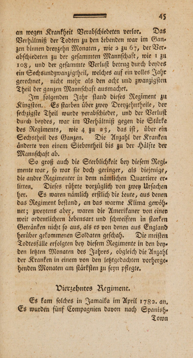 — vr an wegen Krankheit Verabſchiedeten verlor. Das Verhaͤltniß der Todten zu den Lebenden war im Gan⸗ zen binnen dreyzehn Monaten, wie 2 zu 67, der Ver⸗ abſchiedeten zu der geſammten Mannſchaft, wie 1 zu 108, und der geſammte Verluſt betrug durch beydes ein Sechsundzwanzigtheil, welches auf ein volles Jahr gerechnet, nicht mehr als den acht und zwanzigſten Theil der ganzen Mannſchaft ausmachet. . | Im folgenden Jahr ſtand dieſes Regiment zu Kingſton. Es ſtarben uͤber zwey Dreyzehntheile, der ſechzigſte Theil wurde perabſchiedet, und der Verluſt durch beydes, war im Verhaͤltniß gegen die Staͤrke des Regiments, wie 4 zu 23, das iſt, uͤber ein Sechstheil des Ganzen. Die Anzahl der Kranken aͤnderte von einem Siebentheil bis zu der Haͤlfte der Mannſchaft ab. So groß auch die Sterblichkeit bey dieſem Regi⸗ mente war, ſo war ſie doch geringer, als diejenige, die andre Regimenter in dem naͤmlichen Quartiere er⸗ litten. Dieſes ruͤhrte vorzuͤglich von zwey Urſachen her. Es waren naͤmlich erſtlich die Leute, aus denen das Regiment beſtand, an das warme Klima gemöh« net; zweytens aber, waren die Amerikaner von einer weit ordentlichern Lebensart und ſchweiften in ſtarken Getraͤnken nicht ſo aus, als es von denen aus England heruͤber gekommenen Soldaten geſchah. Die meiſten Todtesfaͤlle erfolgten bey dieſem Regimente in den beys den letzten Monaten des Jahres, obgleich die Anzahl der Kranken in einem von den letztgedachten vorherge⸗ henden Monaten am ſtaͤrkſten zu ſeyn pflegte. Vierzehntes Regiment. R Es kam ſolches in Jamaika im April 1782. an. Es wurden fünf Compagnien davon nach Spanish. Town
