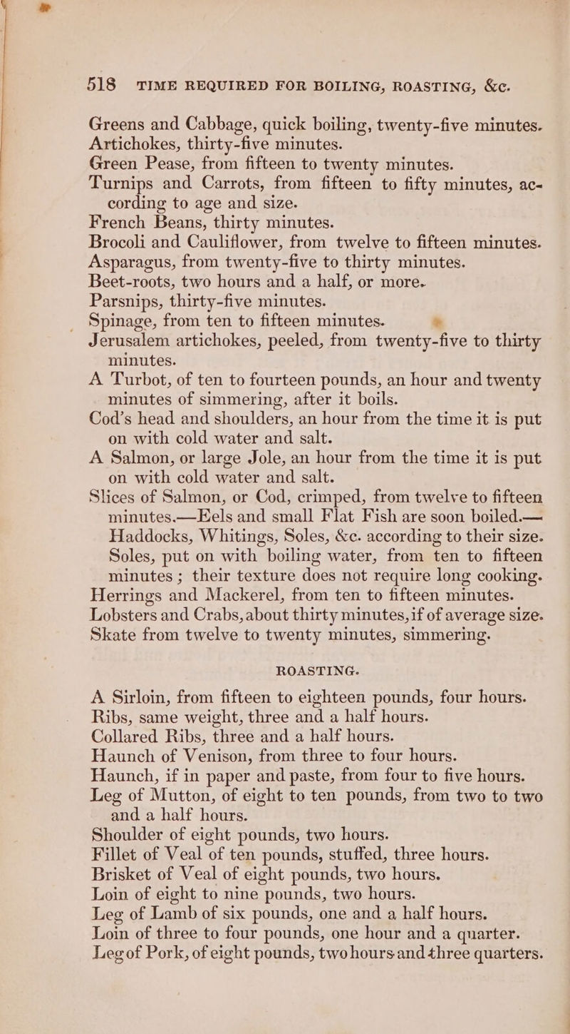Greens and Cabbage, quick boiling, twenty-five minutes. Artichokes, thirty-five minutes. Green Pease, from fifteen to twenty minutes. Turnips and Carrots, from fifteen to fifty minutes, ac- cording to age and size. French Beans, thirty minutes. Brocoli and Cauliflower, from twelve to fifteen minutes. Asparagus, from twenty-five to thirty minutes. Beet-roots, two hours and a half, or more. Parsnips, thirty-five minutes. Spinage, from ten to fifteen minutes. ® Jerusalem artichokes, peeled, from twenty-five to thirty minutes. A Turbot, of ten to fourteen pounds, an hour and twenty minutes of simmering, after it boils. Cod’s head and shoulders, an hour from the time it is put on with cold water and salt. A Salmon, or large Jole, an hour from the time it is put on with cold water and salt. Slices of Salmon, or Cod, crimped, from twelve to fifteen minutes.—Eels and small Flat Fish are soon boiled.— Haddocks, Whitings, Soles, &c. according to their size. Soles, put on with boiling water, from ten to fifteen minutes ; their texture does not require long cooking. Herrings and Mackerel, from ten to fifteen minutes. Lobsters and Crabs, about thirty minutes, if of average size. Skate from twelve to twenty minutes, simmering. ROASTING. A Sirloin, from fifteen to eighteen pounds, four hours. Ribs, same weight, three and a half hours. Collared Ribs, three and a half hours. Haunch of Venison, from three to four hours. Haunch, if in paper and paste, from four to five hours. Leg of Mutton, of eight to ten pounds, from two to two and a half hours. Shoulder of eight pounds, two hours. Fillet of Veal of ten pounds, stuffed, three hours. Brisket of Veal of eight pounds, two hours. Loin of eight to nine pounds, two hours. Leg of Lamb of six pounds, one and a half hours. Loin of three to four pounds, one hour and a quarter. Leg of Pork, of eight pounds, two hours and three quarters.