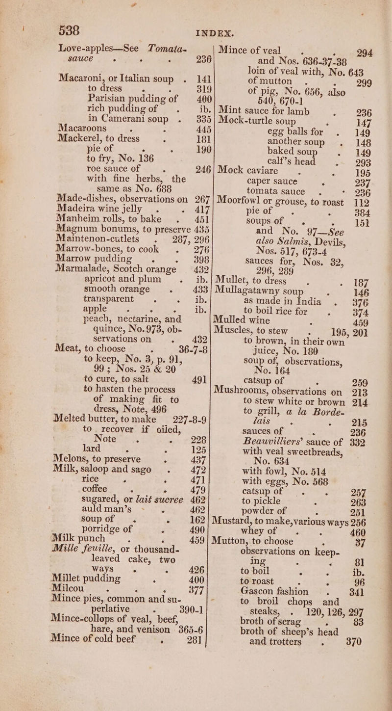 Love-apples—See Tomata- POUCE Oo Tease ‘ 236 Macaroni, or Italian soup t0.dreseis «- s ; Parisian pudding of rich pudding of in Camerani soup 335 Macaroons ‘ 445 Mackerel, to dress 181 pie of 190 to fry, No. 136 roe sauce of  with fine herbs, the same as No. 688 Madeira wine jelly . + 417 Manheim rolls, to bake 45] Magnum bonums, to preserve 435 Maintenon-cutlets 287, 296 Marrow-bones, to cook 276 Marrow pudding - 398 Marmalade, Scotch orange 432 apricot and plum ib. smooth orange 433 transparent ° ib. apple ee Ste peach, nectarine, and quince, No. 973, ob- servations on Meat, to choose 36-7-8 to keep, No. 3, p. 91, 99; Nos. 25 &amp; 20 to cure, to salt to hasten the process of making fit to dress, Note, 496 49] Melted butter, tomake 227-8-9 to recover if oiled, Note : so 228 lard 125 Melons, to preserve . 437 Milk, saloop and sago . 472 rice 4 : 47] coffee s F 479 sugared, or lait sucree 462 auldman’s - . 462 soupof . ‘ 162 porridge of Z 490 Milk punch : : 459 Mille feuille, or thousand- leaved cake, two ways : : 426 Millet pudding ‘ 400 Milcou : Z é 377 Mince pies, common and su- perlative 390-1 Mince-collops of veal, beef, hare, and venison 365-6 Mince of cold beef : 28] Mince of veal : ; and Nos. 636-37-38 loin of veal with, No. 643 of mutton $ 299 of pig, No. 656, also 540, 670-1 Mint sauce for lamb 236 Mock-turtle soup : 147 egg balls for 149 another soup 148 baked soup 149 calf’s head 293 Mock caviare 195 caper sauce < 237 tomata sauce . * 236 Moorfowl or grouse, to roast 112 pieon a : 384 soupsof , ° 151 and No. 97—See also Salmis, Devils, Nos. 517, 673-4 sauces for, Nos. 32, 296, 289 Mullet, to dress 187 Mullagatawny soup 146 as made in India ; -. B76 to boil rice for . 374 Mulled wine 459 Muscles, to stew 195, 203 to brown, in their own Juice, No. 180 soup of, observations, No. 164 catsup of . 259 Mushrooms, observations on 213 to stew white or brown 214 to grill, a la Borde- lais : : 215 sauces of 2 236 Beauvilliers’ sauce of 332 with veal sweetbreads, No. 634 with fowl, No. 514 with eggs, No. 568 catsup of 257 to pickle 263 powder of 251 Mustard, to make,various ways 256 whey of : Mutton, to choose 37 observations on keep- ing : 2 81 to boil y : ib. to roast ; 96 Gascon fashion 341 - to broil chops and steaks, 120, 126, 297 broth of scrag ; 83 broth of sheep’s head and trotters 370