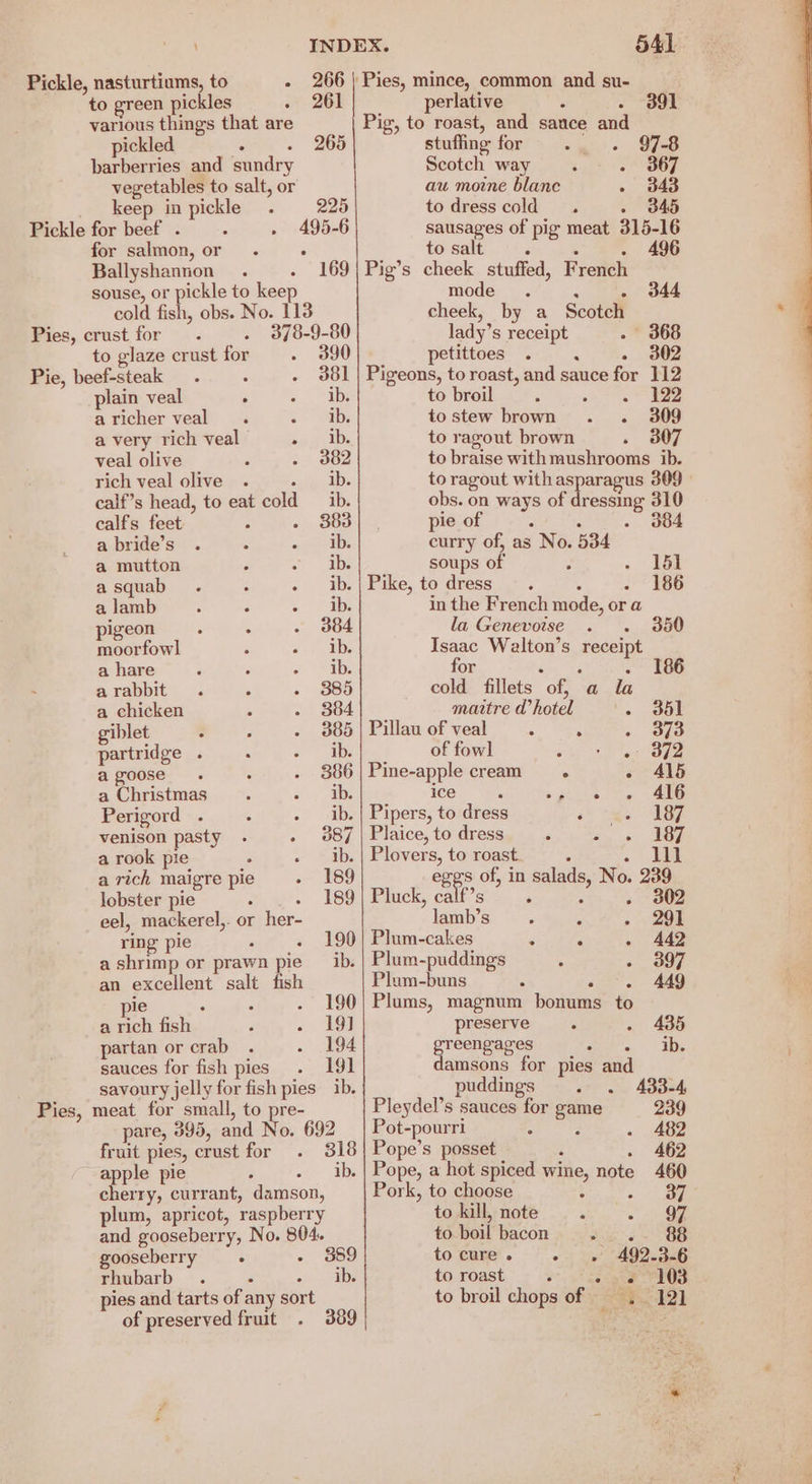 Pickle, nasturtiums, to - 266) Pies, mince, common and su- to green pickles 261 perlative i 391 various things that are Pig, to roast, and sauce and pickled % . stuffing for ue) «ee barberries and sundry Scotch way . - . 367 vegetables to salt, or au mone blane - 343 keep in pickle 225 todresscold . » 345 Pickle for beef : » 495-6 sausages of pig meat 315-16 for salmon, GP. « : to salt é 496 Ballyshannon 169 | Pig’s cheek stuffed, French souse, or pickle to keep mode 344 cold fish, obs. No. 113 eae by a Scotch Pies, crust for . 378-9-80 lady’ Ss receipt - 368 to glaze crust for 390 petittoes . A - 3802 Pie, beef-steak . 381 | Pigeons, to roast, and sauce for 112 plain veal ° ib. to broil : oats eae aricher veal . 3.) OED tostew brown . . 309 a very rich veal big Ds to ragout brown . 307 veal olive . 382 to braise withmushrooms ib. rich veal olive . ib. to ragout withasparagus 309 - calf’s head, to eat cold ib. obs. on nig of vee 310 calfs feet 383 pie of 384 abride’s . 3 news curry of, as : No. 534 a mutton ib. soups or 151 asquab . Z . ib. | Pike, to dress 186 a lamb : : ~ i in the French mode, or a pigeon : . 384 la Genevoise : moorfowl ib. Isaac Walton’s meee a hare ib. for i a rabbit 385 cold fillets “of a la a chicken 3 384 maitre d’ hotel - ddl giblet 2 : 385 | Pillau of veal : : . 373 partridge . - ib. | of fowl Pees i a goose 386 Pine-apple cream ‘ - 415 a Christmas ib. ice : the he nO Perigord . ib. | Pipers, to dress “ss ASF venison pasty - . 9887 | Plaice, to dress ; Sing kon ge a rook pie « ib.| Plovers, to roast ‘ lll a rich maigre Bie 189 eas of, in wane No. 239 lobster pie 189 | Pluck, . 3802 eel, mackerel,. or hee. ; . Sok ring pie 190 fe es F ; - A442 a shrimp or prawn pie ib. | Plum-puddings . - 397 an excellent salt fish Plum-buns i . 449 pie ; . 190| Plums, magnum bonums to a rich fish 19] preserve ‘ . 435 partan or crab 194 ees ars seat, TBs sauces for fish pies 191 amsons for pies and savoury jelly for fish pies ib. puddings . . 433-4 Pies, meat for small, to pre- Pleydel’s sauces for game 239 pare, 395, and No. 692 Pot-pourri A482 fruit pies, crust oe 318 | Pope’s posset , 462 apple pie ib. | Pope, a hot spiced wine, note 460 cherry, currant, damson, Pork, to choose : 37 plum, apricot, raspberry to kill, note : . - OF and gooseberry, No. 804. to boil bacon Sieg CBE gooseberry ° - 889 to cure . o- <» ‘492.356 rhubarb. s oie DS to roast ‘ ok OS pies and tarts of any sort to broil chops of =. --:121 of preserved fruit 389 OPA: