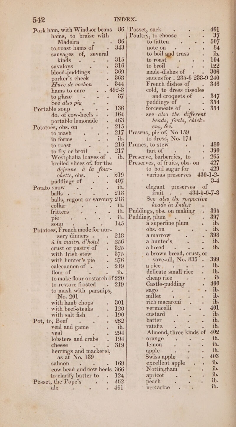 Pork ham, with Windsor beans 86 | Posset, sack 4 : . 46] hams, to braise with Poultry, to choose. Peony | Madeira A . 86 to fatten 3 ° 507 to roast hams of 343 noteon . a Od sausages of, several to boil and ‘amas ib. kinds. : ced be to roast 4 104 savaloys - 316 to broil é . tee oe blood-puddings 369 made-dishes of . 306 orker’s cheek 368 sauces for . 235-6 238-9 240 ure de cochon 344 French dishes of - #40 hams to cure 492-3 cold, to dress rissoles to glaze : tel Mee doe 1¥; See also pig ° Portable soup - 2h. lag do. of cow-heels . 164 portable lemonade. 463 Potatoes, obs. on ° waeete to mash 217 in forms ; : ib. to roast 216 to fry or broil nee ae Westphalia loaves of . ib. broiled slices of, for the dejeune a i four- chette, obs. a. ote bo puddings of . 407 Potato snow . 4 ib. balls . 218 balls, ragout or PoUTy 218 collar : ib. fritters : : yp ets pie ib. soup . 145 Potatoes, F rench mode for nur- sery dinners . 218 a la maitre ad’ hotel 356 crust or pastry of 325 with Irish stew 379 with hunter’s a 376 calecannon of 219 flour of ib. to make flour or atarch of 220 to restore frosted Singer 3! to mash with parsnips, No. 201 with lamb chops . 301 with sp oatictests - 120 ; with salt fish - 190 Pot, to; Beef .. : » 282 veal and game ib. veal 3 294 lobsters and craba 194 cheese 319 herrings and mackerel, as at No. i salmon . 169 cow head and cow Kbels 366 to clarify butter to 124 Posset, the Pope’s ° 462 ale y : 46] | aed croquets of 347 puddings of — . - 354 forcemeats of 354 see also the different heads, fowls, chick- ens, &amp;c. Prawns, pie ‘of, No 159 to dress, No. 174 Prunes, to stew 480 tartof . : - 390 Preserve, barberries, to 265 Preserves, of fruits, obs. on 427 to boil sugar for 429 various preserves 400-]-2- 3-4 elegant preserves of fruit 434-5-6-7-8 See also the respective heads in Index. Puddings, obs. on ae - 395 Pudding, plum. . 397 a superfine plum AER SS obs. on : : wad: a marrow : - 398 a hunter’s 3 ~ loa abread . . «ome _ a brown bread, crust, or save-all, No. 835 . 399 a rice A «+ 2aDs delicate pera oa rice ib. cheap rice oad: Castle-pudding 400 sago : = . ib. millet ‘ “ib. rich macaroni . ib. vermicelli : - 401 custard : >». Mabe batter é . A i ratafia Almond, three end of We orange y : <ocneDe lemon : , ib. apple 4 5 ib. Swiss apple. 403 excellent apple. ib. Nottingham. ib. apricot . ib. peach Pin ib. nectarine ib.