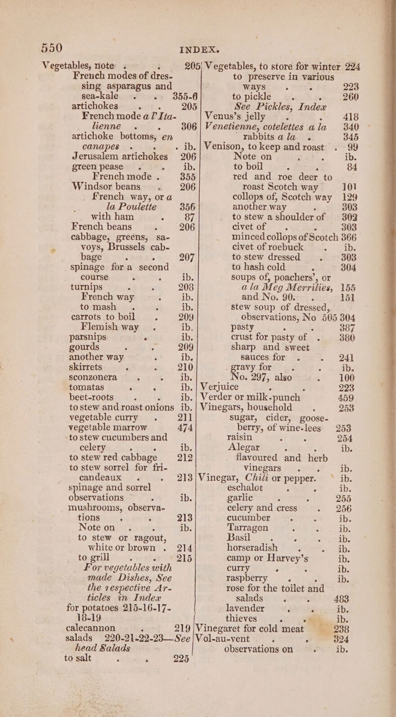 Vegetables, note French modes of dres- to preserve in various sing asparagus and ways ; F 223 sea-kale . . 55-6 to pickle A 260 artichokes : See Pickles, Index French mode a?’ Ita- Venus’s jelly ‘ 418 lienne . 306 | Venetienne, coteleties a la 340 artichoke bottoms, | en rabbits ala . 345 canapes . . ib. | Venison, to keep and roast 99 Jerusalem artichokes 206 Note on : , ib. green pease. bc Ds to boil : 5 84 French mode . 355 red and roe deer to Windsor beans . 206 roast Scotch way 101 French way, ora collops of, Scotch way 129 la Poulette 356 another way 5 303 with ham c 87 to stew ashoulderof 302 French beans 206 civet of ofa cabbage, greens, sa- minced coliops of Scotch 3 ‘. voys, Brussels cab- civet of roebuck ib. bage 3 207 to stew dressed . 303 spinage fora second to hash cold a 304 course y ib. soups of, poachers’, or turnips 2 208 ala Meg M errilies, 156 French way ib. and No. 90... 151 tomash . i ib. stew soup of dressed, carrots to boil 209 observations, ~ 505 304 Flemish way . ib. pasty , 387 parsnips ° ib. crust for pasty of 380 gourds , 209 sharp and sweet another way : ib. sauces for . - 24) skirrets : 210 gravy for = . ib. sconzonera. rs No. 297, also - 100 tomatas : ‘ ib. | Verjuice ‘ 223 beet-roots ib. | Verder or milk. punch 459 to stew and roast onions ib. | Vinegars, household A 253 vegetable curry . sugar, cider, goose- vegetable marrow 474 berry, of wine-lees 253 to stew cucumbers and raisin 2 : 254 celery ; ib. Alegar : ib. to stew red cabbage 212 aontnci and herb to stew sorrel for fri- Vinevars ios: ib. candeaux . 213|Vinegar, Chili or ee ‘ib, spinage and sorrel eschalot . ib. observations ib. garlic : : 255 mushrooms, observa- celery and cress » 256 tions : ‘ 213 cucumber : : ib. Noteon . : ib. Tarragon : ib. to stew or ragout, Basil® ‘ aes | white or brown . 214 horseradish : Ds to grill is = 215 camp or pect s ib. For vegetables with curry ib. made Dishes, See raspberry ib. the respective Ar- ticles in Index rose for the toilet and salads é : 483 for potatoes 215-16-17- lavender : “ ib. 18-19 thieves : me. ib. calecannon 219 | Vinegaret for cold meat 238 salads 220-21-22-23—Se |Vol-au-vent ; . 324 head Salads observations on warsib, to salt : ‘ 225