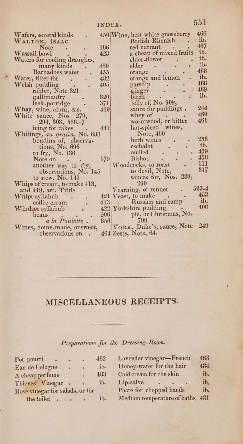 Wafers, several kinds Watton, Isaac Note 186 Wassail bowl ‘ 423 Waters for cooling draughts, many kinds 480 Barbadoes water 455 Water, filter for 482 Welsh pudding ‘ 405 rabbit, Note 321 gallimaufry 320 leek-porridge 371 Whey, wine, alum, &amp;c. 460 White sauce, Nos. 279, 294, 303, 586,-7 icing for cakes 441 Whitings, aw gratin, No. 688 boudins of, observa- tions, No. 696 to fry, No. 136 Note on another way to ‘fry, observations, No. 145 to stew, No. 141 Whips of cream, to make 413, and 419, art. Trifle 179): Whipt syllabub 421 coffee cream 413 Windsor syllabub : 422 beans F 206 ala Poulette . 356 Wines, home-made, or sweet, observations on 464 55) British Rhenish red currant 467 ‘ a cheap of mixed esa ib. elder-flower ib. elder Sear ADS orange 468 orange and lemon ib. parsnip : 468 ginger - — 469 birch o), We jelly of, No. 909, sauce for puddings . 244 whey of 460 wormwood, or bitter 461 hot-spiced wines, Note, 460 herb wines. 256 eschalot ° ib. mulled 9 Bishop % c 458 W oodcocks, to roast r 111 to devil, Note, 317 sauces for, Nos. 289, 290 Yearning, or rennet 503-4 Yeast, to make 453 Russian and camp ib. Yorkshire pudding 406 pie, or Christmas, No. Yorxk, Duke’s, sauce, Note 249 |Zests, Note, 64 Pot pourri 482 Eau de Cologne ib. A cheap perfume 483 Thieves” Vinegar ib. Rose vinegar for salads, or for Lavender vinegar—French 483 Honey-water for the hair 484 Cold cream for the skin ibs Lip-salve ib, Paste for chopped anda ib.