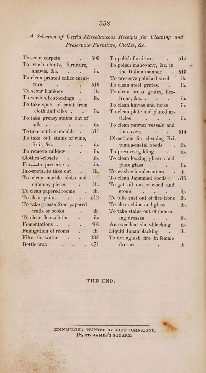 To scour carpets - 809 To wash chintz, furniture, shawls, &amp;c. . ib. To clean printed calico furni- ture . +) ee DLO To scour blankets . . ib. To wash silk stockings . ib. To take spots of paint from cloth and silks . ‘ ib. To polish furniture * To polish mahogany, &amp;c. in the Italian manner To preserve polished steel To clean steel grates. . To clean brass grates, fire- TONS; CeCe ST Lah To clean knives and forks To clean plate and plated ar- To take greasy stains out of * ticles ae pale a kh Saks ib. To clean pewter vessels au To take out iron moulds 611 tin covers wee To take out stains of wine, Directions for cleaning Bri- fruit, &amp;e. ° ° ib. tannia-metal goods To remove mildew . ib. To preserve gilding P Clothes’-closets . ib. To clean looking-glasses and Fur,—to preserve .. ib. plate glass ae? Ink-spots, to take out ib To wash wine-decanters . To clean. marble slabs and To clean Japanned goods chimney-pieces . ib. To get oil out of wood and Toclean paperedrooms ._ ib. stone ° To clean paint » «+ 812 To take rust out of firtiir irons To take grease from papered To clean china and glass -walls or books . ib. To take stains out of mourn- To clean floor-cloths . ib. ing dresses Fomentations . 481 An excellent dhoxtin vie Fumigation ofrooms . it. Liquid Japanblacking Bottle-wax 471 dresses eer THE END. ~*~ 514