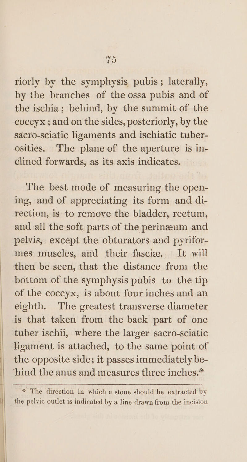 riorly by the symphysis pubis; laterally, by the branches of the ossa pubis and of the ischia; behind, by the summit of the coccyx ; and on the sides, posteriorly, by the sacro-sciatic ligaments and ischiatic tuber- osities. ‘The plane of the aperture 1s in- clined forwards, as its axis indicates. The best mode of measuring the open- ing, and of appreciating its form and di- rection, is to remove the bladder, rectum, and all the soft parts of the perinzeum and pelvis, except the obturators and pyrifor- mes muscles, and their fascia. It will then be seen, that the distance from the bottom of the symphysis pubis to the tip of the coccyx, is about four inches and an eighth. The greatest transverse diameter is that taken from the back part of one tuber ischii, where the larger sacro-sciatic ligament is attached, to the same point of the opposite side; it passes immediately be- * The direction in which a stone should be extracted by the pelvic outlet is indicated by a line drawn from the incision