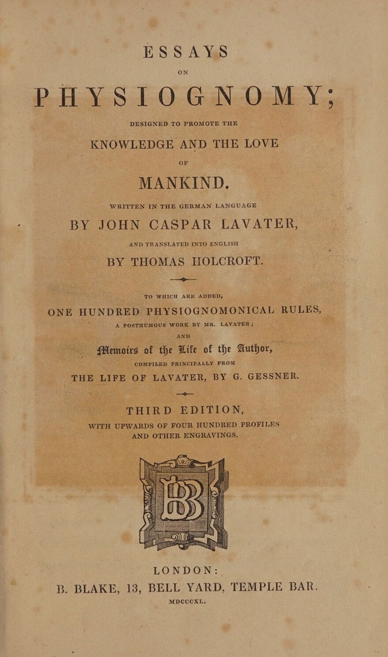 PHYSIOGNOMY; DESIGNED TO PROMOTE THE KNOWLEDGE AND THE LOVE Or MANKIND C) WRITTEN IN THE GERMAN LANGUAGE BY JOHN CASPAR LAVATER, AND TRANSLATED INTO ENGLISH BY THOMAS HOLCROFT. | ‘hes ONE HUNDRED PHYSIOGNOMONICAL ee A POSTHUMOUS WORK BY MR. LAVATER ; | SS ety i ake | emai. of ‘the Life of the aut ee meee Eh egies : COMPILED PRINCIPALLY FROM THE LIFE OF LAVATER, BY G. GESSNER. THIRD ‘EDITION, WITH UPWARDS OF FOUR HUNDRED. PROFILES : _ AND OER ENGRAVINGS. . a 2 Roe: pee ‘ y ee