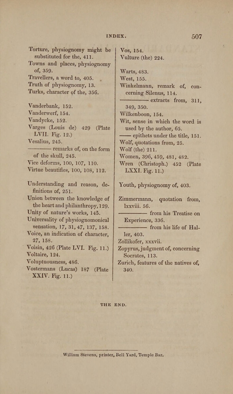 Torture, physiognomy might be substituted for the, 411. Towns and places, physiognomy of, 359. Travellers, a word to, 405. Truth of physiognomy, 13. Turks, character of the, 356. Vanderbank, 152. Vanderwerf, 154. Vandycke, 152. Varges (Louis de) 429 (Plate LVII. Fig. 12.) Vesalius, 245. remarks of, on the form of the skull, 245. Vice deforms, 100, 107, 110. Virtue beautifies, 100, 108, 112. Understanding and reason, de- finitions of, 251. Union between the knowledge of the heart and philanthropy, 129. Unity of nature’s works, 145. Universality of physiognomonical sensation, 17, 31,47, 137, 158. Voice, an indication of character, 27, 158. Voisin, 426 (Plate LVI. Fig. 11.) Voltaire, 124. Voluptuousness, 486. Vostermans (Lucas) 187 (Plate XXIV. Fig. 11.) 507 Vos, 154. Vulture (the) 224. Warts, 483. West, 155. Winkelmann, remark of, con- cerning Silenus, 114. extracts from, 311, 349, 350. Wilkenboon, 154. Wit, sense in which the word is used by the author, 65. epithets under the title, 151. Wolf, quotations from, 25. Wolf (the) 211. Women, 396, 459, 481, 482. Wren (Christoph.) 452 (Plate LXXI. Fig. 11.) Youth, physiognomy of, 403. Zimmermann, quotation from, Ixxvill. 56. -— from his Treatise on Experience, 336. from his life of Hal- ler, 403. Zollikofer, xxxvii. Zopyrus, judgment of, concerning Socrates, 113. Zurich, features of the natives of, 340.