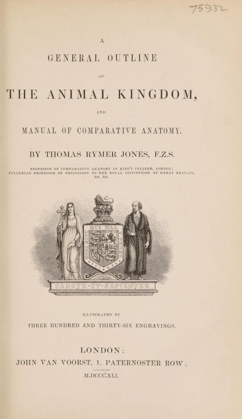 GENERAL OUTLINE OF THE ANIMAL KINGDOM, AND MANUAL OF COMPARATIVE ANATOMY. BY THOMAS RYMER JONES, F.Z.S. PROFESSOR OF COMPARATIVE ANATOMY IN KING’S COLLEGE, LONDON; FULLERIAN PROFESSOR OF PHYSIOLOGY TO THE ROYAL INSTITUTION OF GREAT BRITAIN, SWC. Oe; HON SOUT == SANGTEcET°CSAPIENTER LA ATS ah Ait el AA AAC ILLUSTRATED BY THREE HUNDRED AND THIRTY-SIX ENGRAVINGS, LONDON: JOHN VAN VOORST, 1, PATERNOSTER ROW : M.DCCC.ZEL