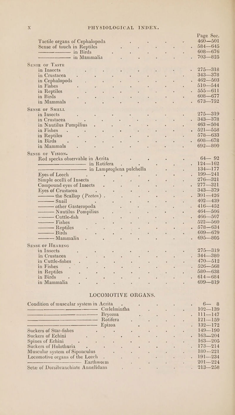 Tactile organs of Cephalopoda Sense of touch in Reptiles in Birds in Mammalia SensE OF TASTE in Insects in Crustacea in Cephalopods in Fishes in Reptiles in Birds in Mammals SENSE OF SMELL in Insects in Crustacea in Nautilus Pompilius in Fishes : j ; - in Reptiles in Birds in Mammals SENSE OF VISION. Red specks observable in Acrita eee TEL VOLTA Eyes of Leech : Simple ocelli of Insects Compound eyes of Insects Eyes of Crustacea the Scallop (Pecten) . Snail other Gasteropoda ——— Nautilus Pompilius Cuttle-fish Fishes Reptiles Birds — Mammalia Sense or HEARING in Insects in Crustacea in Cuttle-fishes in Fishes ; in Reptiles in Birds in Mammalia Condition of muscular system in Acrita Ccelelmintha ——_——__-———_ -_—— Brryozoa ———$ ——_——_____. —____.____——— Rotifera ————__—____—___———_-__—_ Epizoa Suckers of Star-fishes : si Suckers of Echini : : - Spines of Echini Suckers of Holothuria Muscular system of Siponculus Locomotive organs of the Leech — Earthworm Sete of Dorsibranchiate Annelidans Page Sec. 460—501 584—645 608—676 703—825 275—318 343—378 462—503 510—544 555—611 608—677 673—752 275—319 343—378 463 —504 521—558 578—633 608—678 692—800 64— 92 124—162 134—177 199—241 276—321 277—821 343—379 39 1—426 402—439 416—452 464—506 466—507 522—560 578—634 609—679 695—805 275—319 344—380 470—512 526—568 080—638 614—684 699—819 6— 8 102—139 111—147 121—159 132—172 149—190 163—204 163—205 173—214 180 —221 191—234 201—224 2138—258