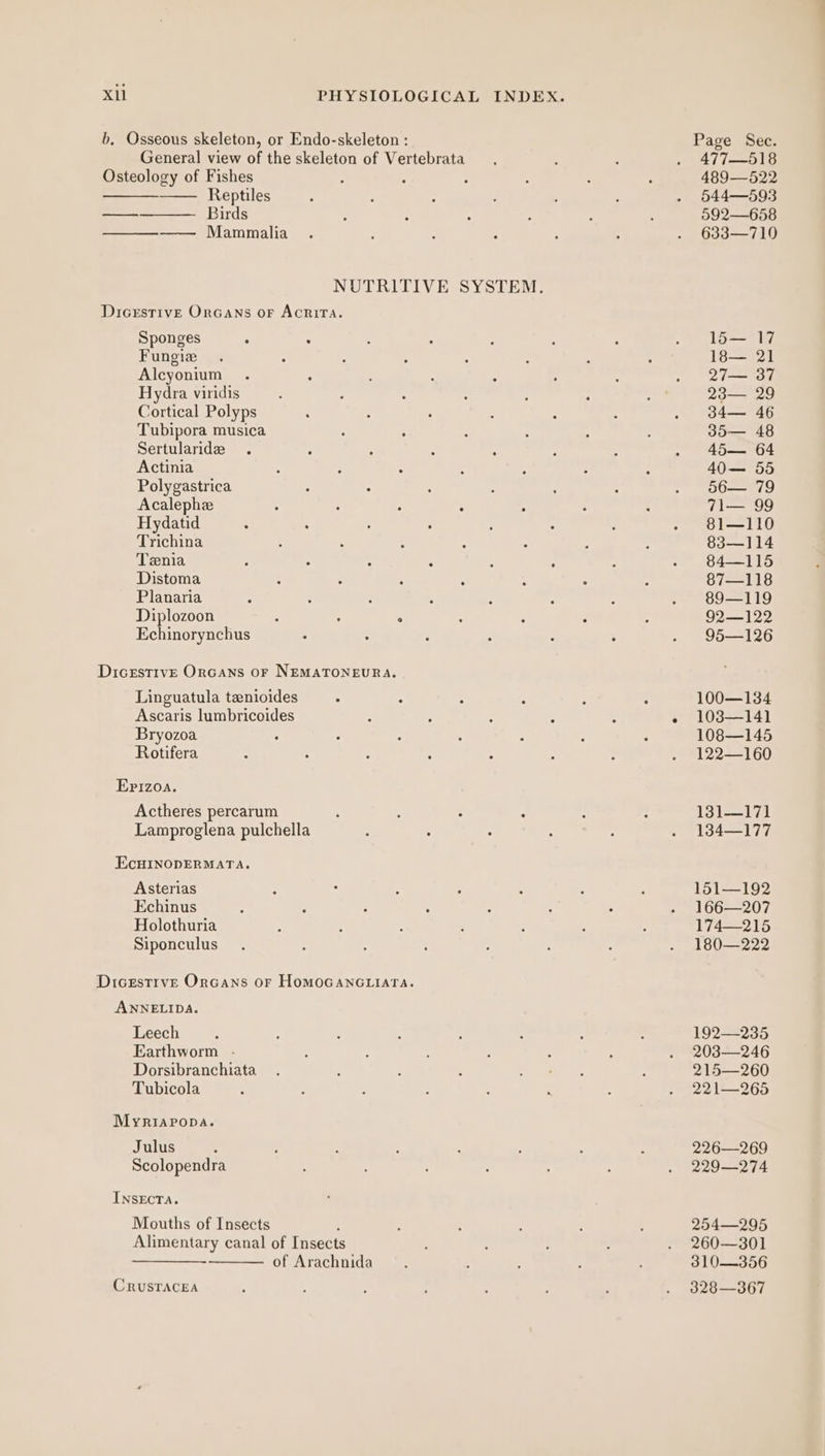 b. Osseous skeleton, or Endo-skeleton : General view of the skeleton of Vertebrata Osteology of Fishes Reptiles Birds —_——_——- Mammalia NUTRITIVE SYSTEM. DiceEstiveE Orcans or Acnrira. Sponges : . Fungie Alcyonium Hydra viridis Cortical Polyps Tubipora musica Sertularidz Actinia Polygastrica Acalephz Hydatid Trichina Tenia Distoma Planaria Diplozoon F . ° Echinorynchus DicEstT1vE Orcans or NEMATONEURA. Linguatula tenioides Ascaris lumbricoides Bryozoa Rotifera Erizoa. Actheres percarum Lamproglena pulchella EcuInopERMATA. Asterias Echinus Holothuria Siponculus Dicestrve Orcans or HoMOGANGLIATA. ANNELIDA. Leech Earthworm .- Dorsibranchiata Tubicola Myriapopa. Julus Scolopendra INnsEcTA. Mouths of Insects ‘ Alimentary canal of Insects —_—_—_—— of Arachnida CRUSTACEA Page Sec. . 477—518 489—522 544—593 592—658 633—710 15— 17 18— 21 27— 37 23— 29 34— 46 35— 48 45— 64 40— 55 56— 79 71— 99 81—110 83—114 84—115 87—118 89—119 92—122 95—126 100—134 103—141 108—145 122—160 131—171 134—177 151—192 166—207 174—215 180—222 192—235 203—246 215—260 221—265 226—269 229—274 254—295 260—301 310—356 328—367