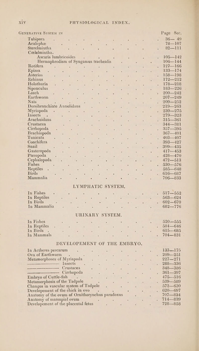 Tubipora Acalephe Sterelmintha Coelelmintha. Ascaris lumbricoides ‘ : Hermaphrodism of Syngamus trachealis Rotifera . : Epizoa Asterias Echinus Holothuria Siponculus Leech Earthworm Nais : : Dorsibranchiate A nnelidans Myriapoda Insects Arachnidans Crustacea Cirrhopoda Brachiopoda Tunicata Conchifera Snail : Gasteropoda Pteropoda Cephalopoda Fishes Reptiles Birds . Mammalia : : 3 : 5 LYMPHATIC SYSTEM, In Fishes In Reptiles In Birds In Mammalia URINARY SYSTEM. In Fishes In Reptiles In Birds In Mammals In Actheres percarum Ova of Earthworm , Metamorphoses of Myriapoda Insects Crustacea Cirrhopoda Embryo of Cuttle-fish Metamorphosis of the Tadpole Changes in vascular system of Tadpole Developement of the chick in ovo ‘ Anatomy of the ovum of Ornithorynchus paradoxus Anatomy of marsupial ovum ; 3 Developement of the placental fetus — —_—_——— Page Sec. 36— 49 78—107 82—111 105—142 106—144 127—166 133—174 158—198 172—212 178—218 183—226 200—242 207—249 209—252 219—263 230—275 279—323 315—361 344—381 397—595 367—401 403—407 393—427 399—435 417—453 428—470 472—513 530—576 585—648 616—687 706—833 517—552 563—624 602—670 682—776 520 —555 584—646 615—685 704—831 133—175 209—251 227—271 288—336 348—386 361—397 475—516 5389—589 972—630 620—697 707—834 714—839 728—858