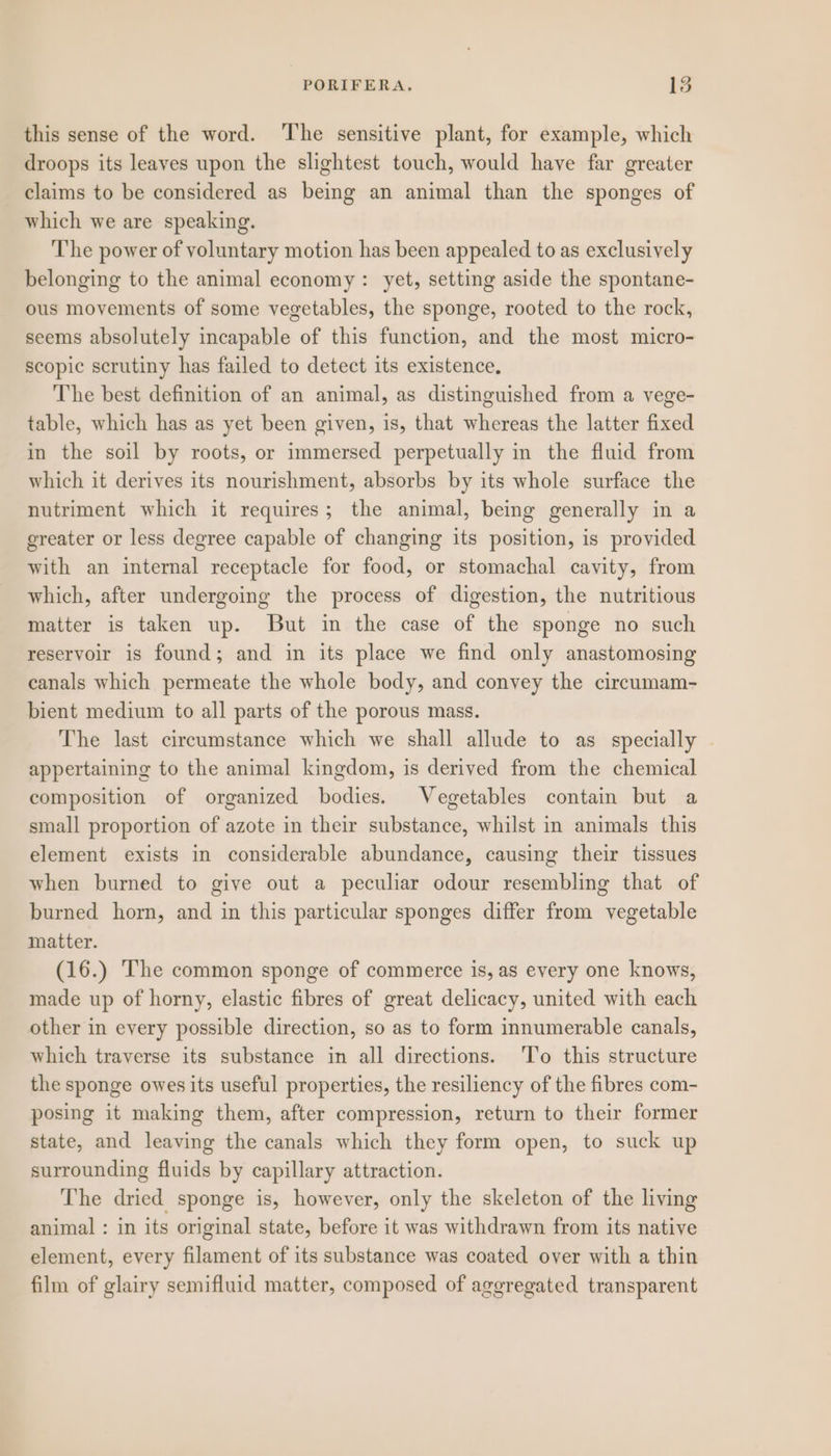 this sense of the word. ‘The sensitive plant, for example, which droops its leaves upon the slightest touch, would have far greater claims to be considered as being an animal than the sponges of which we are speaking. The power of voluntary motion has been appealed to as exclusively belonging to the animal economy: yet, setting aside the spontane- ous movements of some vegetables, the sponge, rooted to the rock, seems absolutely incapable of this function, and the most micro- scopic scrutiny has failed to detect its existence, The best definition of an animal, as distinguished from a vege- table, which has as yet been given, is, that whereas the latter fixed in the soil by roots, or immersed perpetually in the fluid from which it derives its nourishment, absorbs by its whole surface the nutriment which it requires; the animal, being generally in a greater or less degree capable of changing its position, is provided with an internal receptacle for food, or stomachal cavity, from which, after undergoing the process of digestion, the nutritious matter is taken up. But in the case of the sponge no such reservoir is found; and in its place we find only anastomosing canals which permeate the whole body, and convey the circumam- bient medium to all parts of the porous mass. The last circumstance which we shall allude to as specially © appertaining to the animal kingdom, is derived from the chemical composition of organized bodies. Vegetables contain but a small proportion of azote in their substance, whilst in animals this element exists in considerable abundance, causing their tissues when burned to give out a peculiar odour resembling that of burned horn, and in this particular sponges differ from vegetable matter. (16.) The common sponge of commerce is, as every one knows, made up of horny, elastic fibres of great delicacy, united with each other in every possible direction, so as to form innumerable canals, which traverse its substance in all directions. ‘To this structure the sponge owes its useful properties, the resiliency of the fibres com- posing it making them, after compression, return to their former state, and leaving the canals which they form open, to suck up surrounding fluids by capillary attraction. The dried sponge is, however, only the skeleton of the living animal : in its original state, before it was withdrawn from its native element, every filament of its substance was coated over with a thin film of glairy semifluid matter, composed of aggregated transparent
