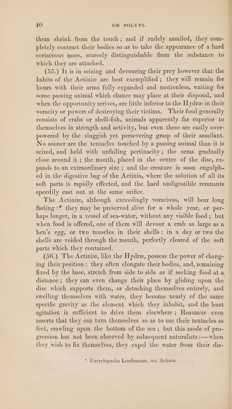 them shrink from the touch; and if rudely assailed, they com- pletely contract their bodies so as to take the appearance of a hard coriaceous mass, scarcely distinguishable from the substance to which they are attached. (55.) It is in seizing and devouring their prey however that the habits of the Actinie are best exemplified; they will remain for hours with their arms fully expanded and motionless, waiting for some passing animal which chance may place at their disposal, and when the opportunity arrives, are little inferior to the Hydre in their voracity or powers of destroying their victims. Their food generally consists of crabs or shell-fish, animals apparently far superior to themselves in strength and activity, but even these are easily over- powered by the sluggish yet persevering grasp of their assailant. No sooner are the tentacles touched by a passing animal than it is seized, and held with unfailing pertinacity ; the arms gradually close around it ; the mouth, placed in the centre of the disc, ex- pands to an extraordinary size ; and the creature is soon engulph- ed in the digestive bag of the Actinia, where the solution of all its soft parts is rapidly effected, and the hard undigestible remnants speedily cast out at the same orifice. The Actinie, although exceedingly voracious, will bear long fasting :* they may be preserved alive for a whole year, or per- haps longer, in a vessel of sea-water, without any visible food; but when food is offered, one of them will devour a crab as large as a hen’s egg, or two muscles in their shells: in a day or two the shells are voided through the mouth, perfectly cleared of the soft parts which they contained. (56.) The Actinie, like the Hydree, possess the power of chang- ing their position: they often elongate their bodies, and, remaining fixed by the base, stretch from side to side as if seeking food at a distance ; they can even change their place by gliding upon the disc which supports them, or detaching themselves entirely, and swelling themselves with water, they become nearly of the same specific gravity as the element which they inhabit, and the least agitation is sufficient to drive them elsewhere; Reaumur even asserts that they can turn themselves so as to use their tentacles as feet, crawling upon the bottom of the sea; but this mode of pro- gression has not been observed by subsequent naturalists :—-when they wish to fix themselves, they expel the water from their dis- * Encyclopedia Londinensis, art. Actinia.
