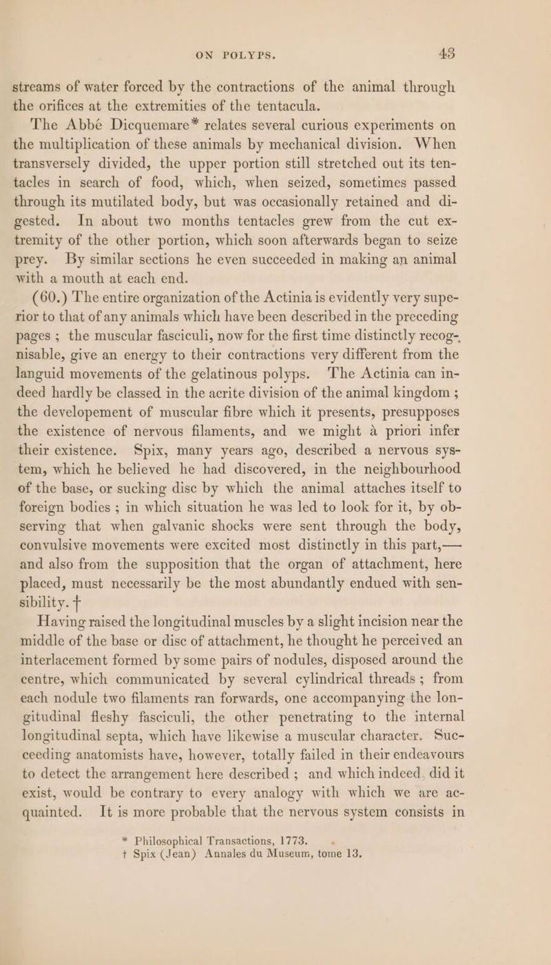 streams of water forced by the contractions of the animal through the orifices at the extremities of the tentacula. The Abbé Dicquemare* relates several curious experiments on the multiplication of these animals by mechanical division. When transversely divided, the upper portion still stretched out its ten- tacles in search of food, which, when seized, sometimes passed through its mutilated body, but was occasionally retained and di- gested. In about two months tentacles grew from the cut ex- tremity of the other portion, which soon afterwards began to seize prey. By similar sections he even succeeded in making an animal with a mouth at each end. (60.) The entire organization of the Actinia is evidently very supe- rior to that of any animals which have been described in the preceding pages ; the muscular fasciculi, now for the first time distinctly recog-, nisable, give an energy to their contractions very different from the languid movements of the gelatinous polyps. ‘The Actinia can in- deed hardly be classed in the acrite division of the animal kingdom ; the developement of muscular fibre which it presents, presupposes the existence of nervous filaments, and we might a priori infer their existence. Spix, many years ago, described a nervous sys- tem, which he believed he had discovered, in the neighbourhood of the base, or sucking disc by which the animal attaches itself to foreign bodies ; in which situation he was led to look for it, by ob- serving that when galvanic shocks were sent through the body, convulsive movements were excited most distinctly in this part,— and also from the supposition that the organ of attachment, here placed, must necessarily be the most abundantly endued with sen- sibility. + Having raised the longitudinal muscles by a slight incision near the middle of the base or disc of attachment, he thought he perceived an interlacement formed by some pairs of nodules, disposed around the centre, which communicated by several cylindrical threads ; from each nodule two filaments ran forwards, one accompanying the lon- gitudinal fleshy fasciculi, the other penetrating to the internal longitudinal septa, which have likewise a muscular character. Suc- ceeding anatomists have, however, totally failed in their endeavours to detect the arrangement here described ; and which indeed, did it exist, would be contrary to every analogy with which we are ac- quainted. It is more probable that the nervous system consists in * Philosophical Transactions, 1773. , t Spix (Jean) Annales du Museum, tome 13.