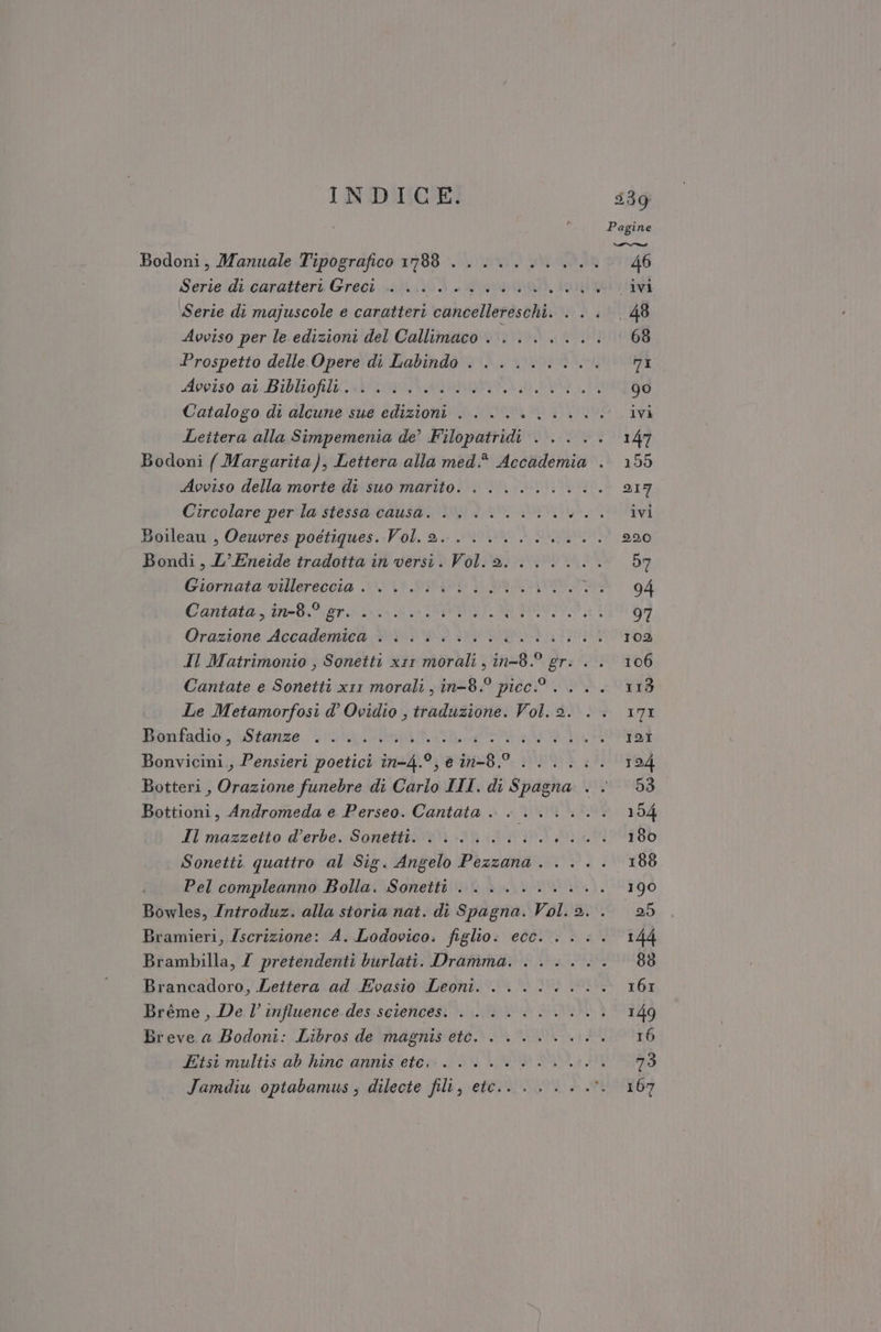 Serie ‘di caratteri Greci ii au. Vepinolk son Avviso per le edizioni del Callimaco . ...... Abeiso ai. Bibliofili aa dba Lettera alla Simpemenia de’ Filopatridi . .. . Avviso della morte di suo marito. . ....... Boileau , Oeuvres poétiques. Vol. 2... ....... Bondi, L’Eneide tradotta in versi. Vol. a. ..... Giornata villereccia . ........ LITE RIO Cantata, in-8.%grib ii n e OL ROIO, Qrazione Accademica SPP It A a TO) Le Metamorfosi d’ Ovidio , traduzione. Vol. 2. Mrvarfadiol, Stanze “iosa ep ao ointe rAPTR L4 Bonvicini,, Pensieri poetici in-4.°, e in-8.° ..... Pel compleanno Bolla. Sonetti... ...... Brancadoro, Lettera ad Evasio Leoni. ....... Bréme ,, De l’influence.des.seiencesi ..\\....:. Breve a Bodoni: Libros de magnis etc. . ...... futssomultis ab hino:annis'eter DIM IPIND Dist,