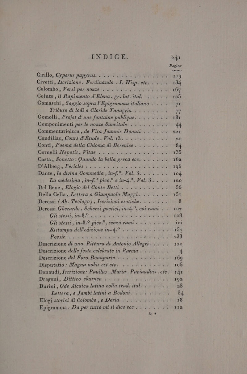 Pagine Girillo; Cyperns papyrisi Maia 0 Ma, 119 Civetti, Iscrizione: Ferdinando .I. Hisp. etc. .... 134 tiolombo; Fersl'perinbaze acari 167 Coluto , il Rapimento d'Elena, gr. lat. ital. ..... 109 Comaschi, Saggio sopra l’Epigramma italiano . ... 71 Tributo di lodi a Cloride Tanagria . ....... 77 Comolli, Projet d'une fontaine publique. ....... 18I Componimenti per le nozze Sanvitale + ........ 44 Commentarialum , de Vita Joannis Donati ...... 221 Condillac, Cours d’Etude . Vol. 13. .......... 20 Conti, Poema della Chioma di Berenice. ....... 84 fanvnella: (Vopofis,. Fiutaa Lili alta sen 139 Costa, Sonetto : Quando la bella greca ecc... .... 162 einer Perteles nil ai Li Lo dial CRY, I 196 Dante, la divina Commedia , in-f.°. Vol.3....... 104 La medesima , in-f.° picc.® e in-4.°. Vol.3.... 120 Del Bene, Elogio del Conte Betti. .......... 56 Della Cella, Lettera a Giampaolo Maggi. ...... 15% Derossi (Ab. Teologo), Iscrizioni esotiche. . ..... 8 Derossi Gherardo , Scherzi poetici, in-4.°, coi rami . . 107 Gli stessi,.1n-82 inattesa x «. 108 Gli stess, in-8.° picc.®, senzarami . ....... ivi Ristampa dell’edizione in-4.° ........... 157 Poesie rt prio a a SI LOR SARI 233 Descrizione di una Pittura di Antonio Allegri. ... .. 120 Descrizione delle feste celebrate in Parma. ..... : 4 Descrizione del Foro Bonaparte ............ 169 Disputatio; Magna nobis est etc.. + &gt;... ii 109 Donaudi, Iscrizione: Paullus Maria. Paciaudius . etc. 141 Weaggni,, Dittico ehurnea Brake 192 Durini, Ode Alcaica latina colla trad. ital. . ..... 23 Lettera, e Jambi latini a Bodoni. ........ 34 Elogj storici di Colombo , e Doria ........... 18 Epigramma: Da per tutto mi si dice ecc... ..... 112
