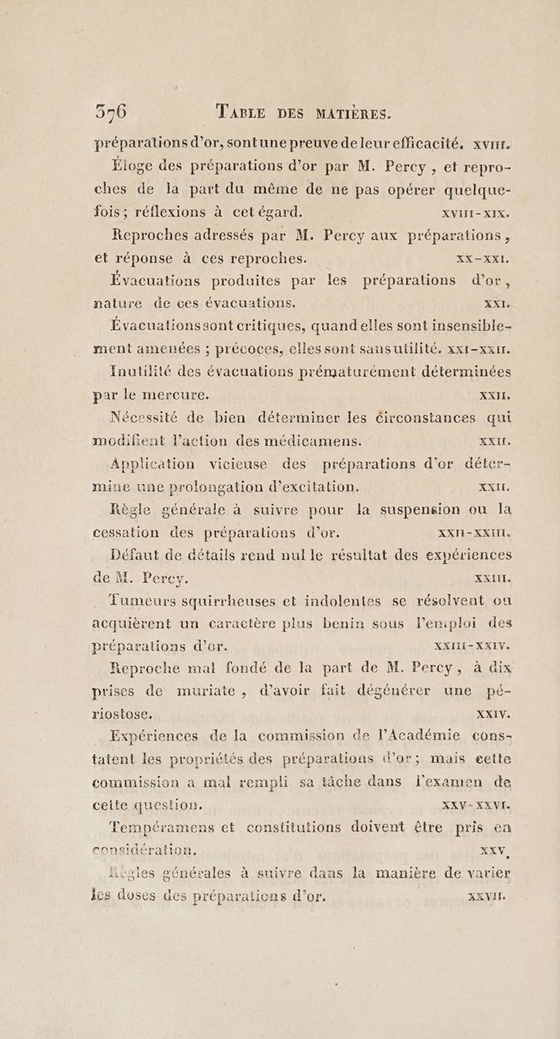 préparations d’or, sontune preuve deleurefficacité., xviir. Éioge des préparations d’or par M. Percy , et repro- ches de la part du même de ne pas opérer quelque- fois ; réflexions à cet égard. XVII- XIXe Reproches adressés par M. Percy aux préparations, et réponse à ces reproches. XX-XXI. Évacuations produites par les préparations d’or, nature de ces évacuations. XXI. Évacuationssont critiques, quandelles sont insensible- ment amenées ; précoces, elles sont sansutilité. xxI-xxIr. Inutilité des évacuations prématurément déterminées par le mercure. XXII. Nécessité de bien déterminer les circonstances qui modifient l’action des médicamens. XXIL. Application vicicuse des préparations d'or déter- mine une prolongation d’excitation. XXL. Règle générale à suivre pour la suspension ou la cessation des préparations d’or. XXII-XXHII. Défaut de détails rend nul le résultat des expériences de M. Percy. XXII. Tumeurs squirrheuses et indolentes se résolvent ou acquièrent un caractère plus benin sous lPemploi des préparations d’or. XXIII-XXIV. Reproche mal fondé de la part de M. Percy, à dix prises de muriate, d’avoir fait dégénérer une pé- riostose. XXIV. Expériences de la commission de l’Académie cons- tatent les propriétés des préparations d’or; mais eette commission à mal rempli sa tâche dans l'examen de ceite question. XXV-XXVI. Tempéramens et constitutions doivent être pris en considération, XXV, hogies générales à suivre dans la manière de varier les doses des préparations d’or, XKVII.
