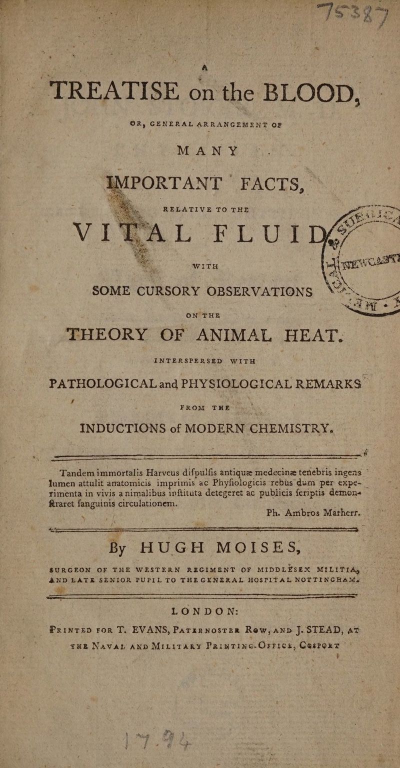 * b ot \ _ ‘TREATISE on the BLOOD, OR, GENERAL ARRANGEMENT OF MANY IMPORTANT FACTS, RELATIVE TO THE WITH SOME CURSORY OBSERVATIONS “*._ ON THE see FAT _ fs THEORY OF ANIMAL HEAT. INTERSPERSED WITH PATHOLOGICAL and PHYSIOLOGICAL REMARKS” f FROM THE INDUCTIONS of MODERN CHEMISTRY. Pi Tandem immortalis Harveus difpulfis antique medecine tenebris ingeas © lumen attulit anatomicis imprimis ac Phyfiologicis rebus dum per expe~ _ rimenta in vivis animalibus inftituta detegeret ac publicis {criptis demon ftraret fanguinis circulationem. 4 Ph. Ambros Matherr. By HUGH MOISES, SURGEON OF THE WESTERN REGIMENT OF MIDDLESEX MILITIéy AND LATE SENIOR PUPIL TO THE GENERAL HOSPITAL NOTTINGHAM en LONDON: Printed ror T., EVANS, Patzrnoster Row, ann J. STEAD, at tug Navan AND MILITARY PainTinc-Orrics, Gasrort | : '