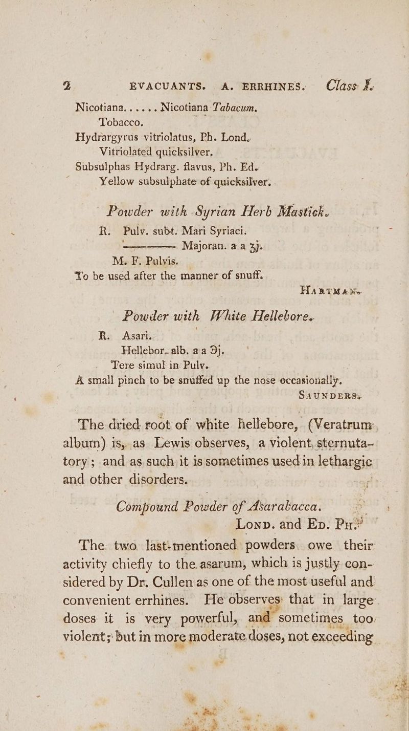 7} EVACUANTS. A. ERRHINES. Class £. Nicotiana...... Nicotiana Tabacum. Tobacco. ae Hydrargyrus vitriolatus, Ph. Lond. Vitriolated quicksilver, Subsulphas Hydrarg. flavus, Ph. Ed. | Yellow subsulphate of quicksilver. Powder with Syrian Herb Mastick. ie Pauly. subt. Mari Syriaci. - Majoran. aa 4). —ee M. F. Pulvis. Yo be used after the manner of snuff. HAatM ao Powder with White Hellebore. R. Asari. Hellebor..alb. aa 5}. Tere simul in Pulv. A small pinch to be snuffed up the nose occasionally, SAUNDERSs The dried root of white hellebore, (Veratrum album) is,..as Lewis observes, a violent, sternuta— tory; and as such it is sometimes used.in lethargic and other disorders. Compound Potnder of Asarabacca. Lonp. and Ep. Pu activity chiefly to the asarum, which is justly con-