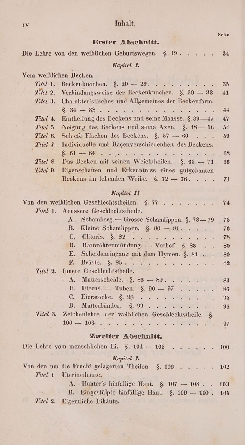 Seite Erster Abschnitt. Die Lehre von den weiblichen Geburtswegen. 8. 19. . . ... 34 Rapitel T. Vom weiblichen Becken. | Titel: 14% Beckenknochen? 8.7207 21 MER u 35 Titel 2. Verbindungsweise der Beckenknochen. $. 30 — 33 41 Titel 3. Charakteristisches und Allgemeines der Beckenform. S3E 238 Ve er: ! 44 Titel 4. Eintheilung des Beckens und seine] Te N 39—47 47 Titel 5. Neigung des Beckens und seine Axen. $. 48 — 56 54 Titel 6. Schiefe Flächen des Beckens. 8.57 — 60 ....5 Titel 7. Individuelle und ee des Beckens. | SO ee ser. ni 6 Titel 8. Das Becken mit seinen Weichtheilen. $.65— 71 66 Titel 9. Eigenschaften und Erkenntniss eines gutgebauten Beckens im lebenden Weibe. 9.72 — 716. ... 1 Kapitel II. Von den weiblichen Geschlechtstheilen. 8. 7 . . 2. .2...2.74 Titel 1. Acussere Geschlechtstheile. A. Schamberg. — Grosse Schamlippen. $. 78—79 75 B. Kleine Schanlippen. 80 — 83. .... 7 0.2 Gliieris. 28, 82 rt: D. Harnröhrenmündung. — Vorhof N 83 el, E. Scheideneingang mit dem Hymen. $. &amp; . . 80 De-Brustes sag ne 9 an Titel 2. Innere Geschlechtstheile. A. Mutterscheide. $. 86 — 9. . 2. .2..2.2..8 B. Uterus. — Tuben. 890 — 97 ....2.286 G. »Bierstocke. 8.932 3 a RER 95 D. Mutterbänder. . 8.:9 ,. .. . = 9 Titel 3. Zeichenlehre der weiblichen Geschlechtstheile. $. 100 — 103: re ea er Delle 0 Zweiter Abschnitt. Die Lehre vom menschlichen Ei. $. 104 — 105 ae .100 | Kapitel I. Von den um die Frucht gelagerten Theilen. G106 108 Titel 1 Uiterineihäute. | A. Hunter’s hinfällige Haut. $. 107 — 108. . 1083 B. Eingestülpte hinfällige Haut. $. 109 — 110 . 105 Titel 2. Eigentliche Eihäute.