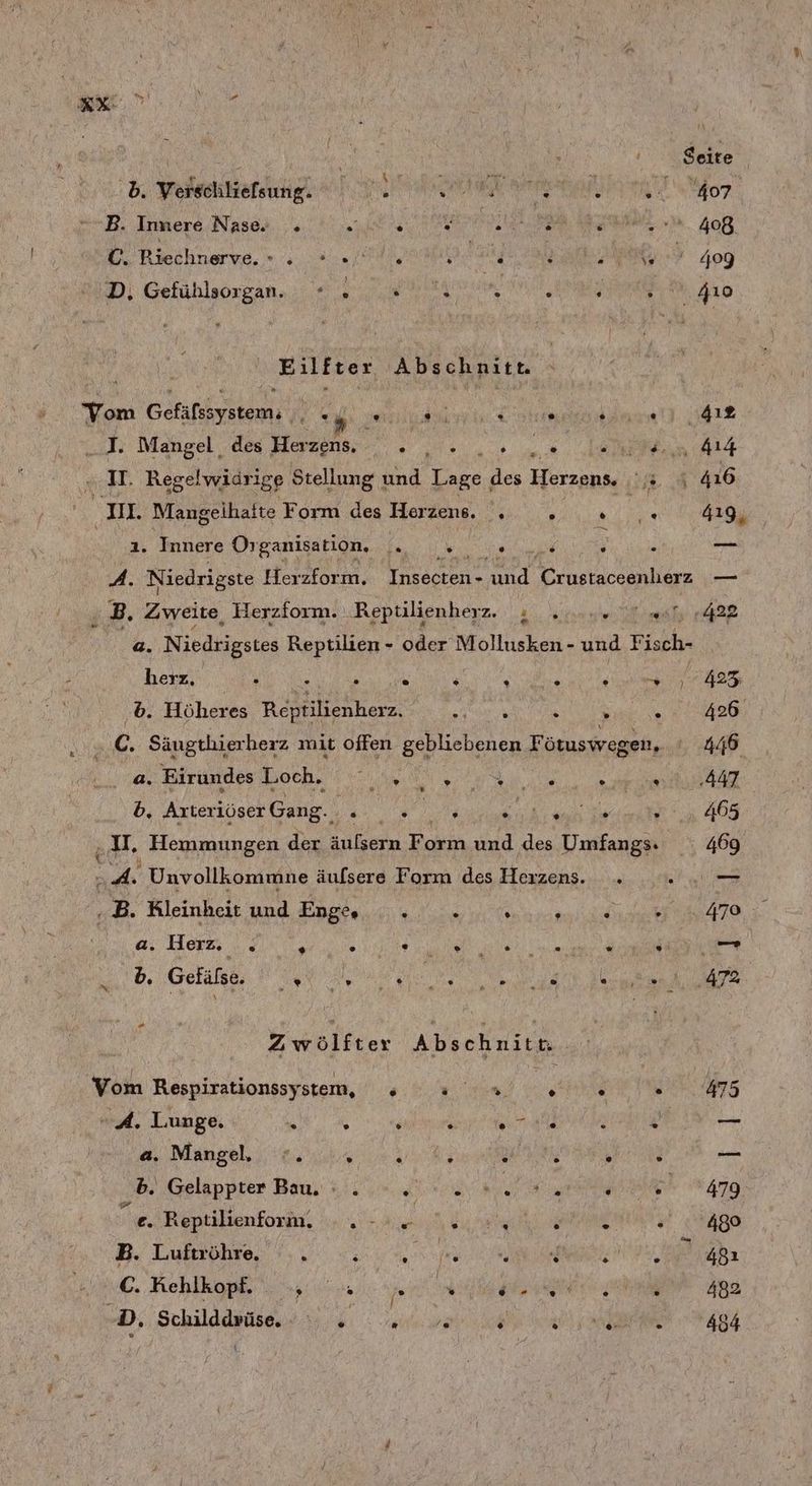 B. Inmere Nase. . u RUF A EAN BRNNERE of Bu Riechnerwe, » an RR TEN a >? 409 D, Gefühlsorgan. ei re N i ra . Z10 Eilfter Abschnitt. Tom ST RR ” De set. J. Mangel des Herzens. 3 4 Fran (Al II. Regelwidrige Stellung und N Yen Herzons 3.4 416 MI. Mangeihatte Form des Herzens. . ESEME ie 419, ı. Innere Organisation, PR RE RT ; J — A. Niedrigste Herzform. Insecten- und Crustaceenherz — B. Zweite, Herzform. Reptilienherz. ; „une 7 st 1422 a. Niedrigstes Reptilien - oder Da ER und Fisch- herz, N  . . . ; a .b. Höheres Röfhhiehhere ee. Ban 7 A2B u Säugthierherz mit offen gebliebenen Fi ötusweg en, ' 446 a. Eirundes Loch, N in NEN Dr b, Azteriöset Gang. , N ne A kan Dion N. „u. ‚ Hemmungen der äulsern Form und des Umfangs. 469 ER, Unvollkommne äufsere Form des Herzens. . A .B. Rleinheit und Enge, h Mi EU 470 a. Herz. . . . RN ARE SE ; RR EUR u b. Gelälßse. » N ne Ar. - Zwölfter Abschnitn Vom Respirationssystem, ‚ PR, .o. . 475 u, Lunge, ® ® * . wie . % Ein] a. Mangel, . . PER. NL  P) — b. Gelappter Bu... 0.9 BANN 479 ig Reptilienform, - . - as a ....480 B. Luftröhre. ' s a f C. Kehlkopl nn een 492 Di; Schilddrses. 4: min wer u ale ragt