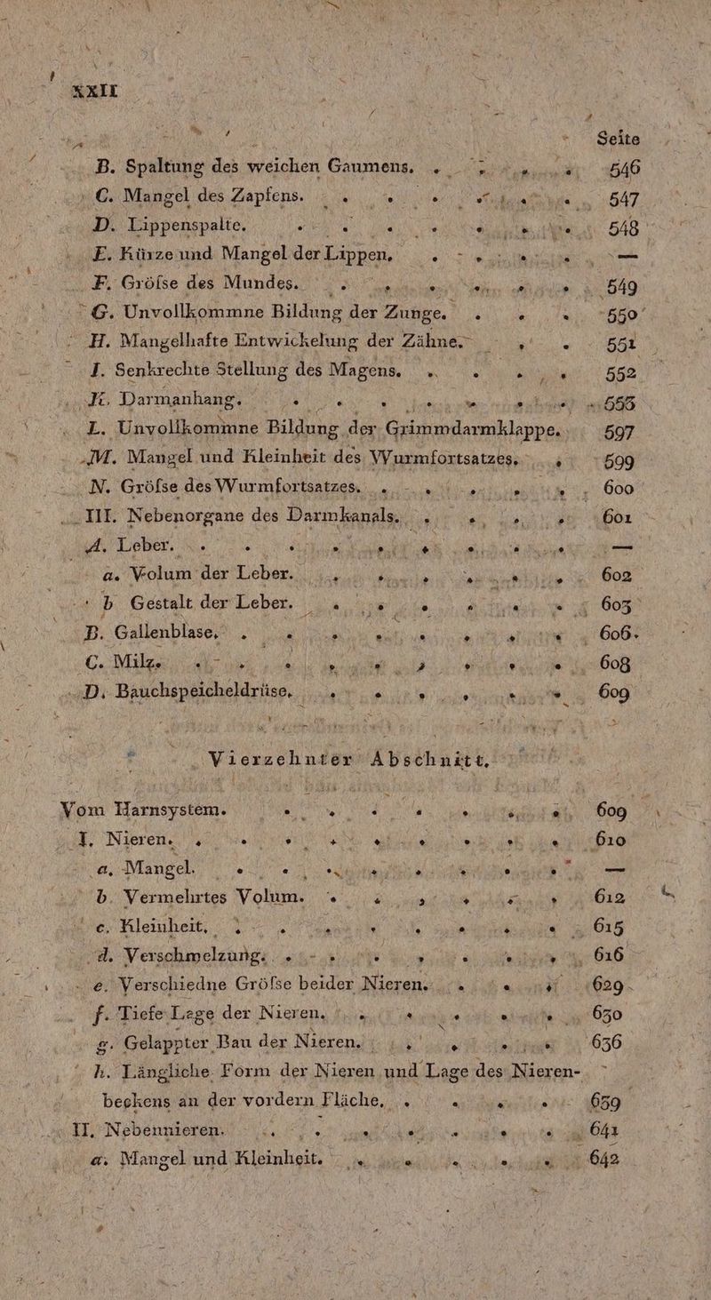/ » KXIL , + B. Spaltung des greichen Gaumens, FR GC. Mangel des Zaptens. _. .... D. Lippenspalte, Dee E. Kürze und Mangel der Lippen, 2 u. 24:,Grölse des Munde, 2 2 Ca. G. Unvollkommne Bildung der Zunge J. Senkrechte Stellung des Magens. Me Fe Dar manhang. N . &amp; * F ” ® N. Gröfse des Wurmfortsatzes. . -.. „III. Nebenorgane des Darmkanals. . el Leber. a... I. Arie u. Es a Kolumı) der Lohan BR PR | A b Gestalt der Leber. . An DB. Gallenblase, An N = eü C Milz. nie un R Br u, RB Bauchspeicheldrüse, ee r Vom Harnsystem. de ‘I, Nieren. , | aMlangeh, el“ a b. Vermelhrtes Volk RE NEE, e. Kleinheit, \ a . ii ER Verschmelzung: NEUN. © . . v + 0 ® f- Tiefe, ‚Lage der Nieren, ', R g: Gelappter Bau der Nieren. du, ° . ® ® beekens an der vordern Fläche, . a: Mangel und Kleinhieir, NEN