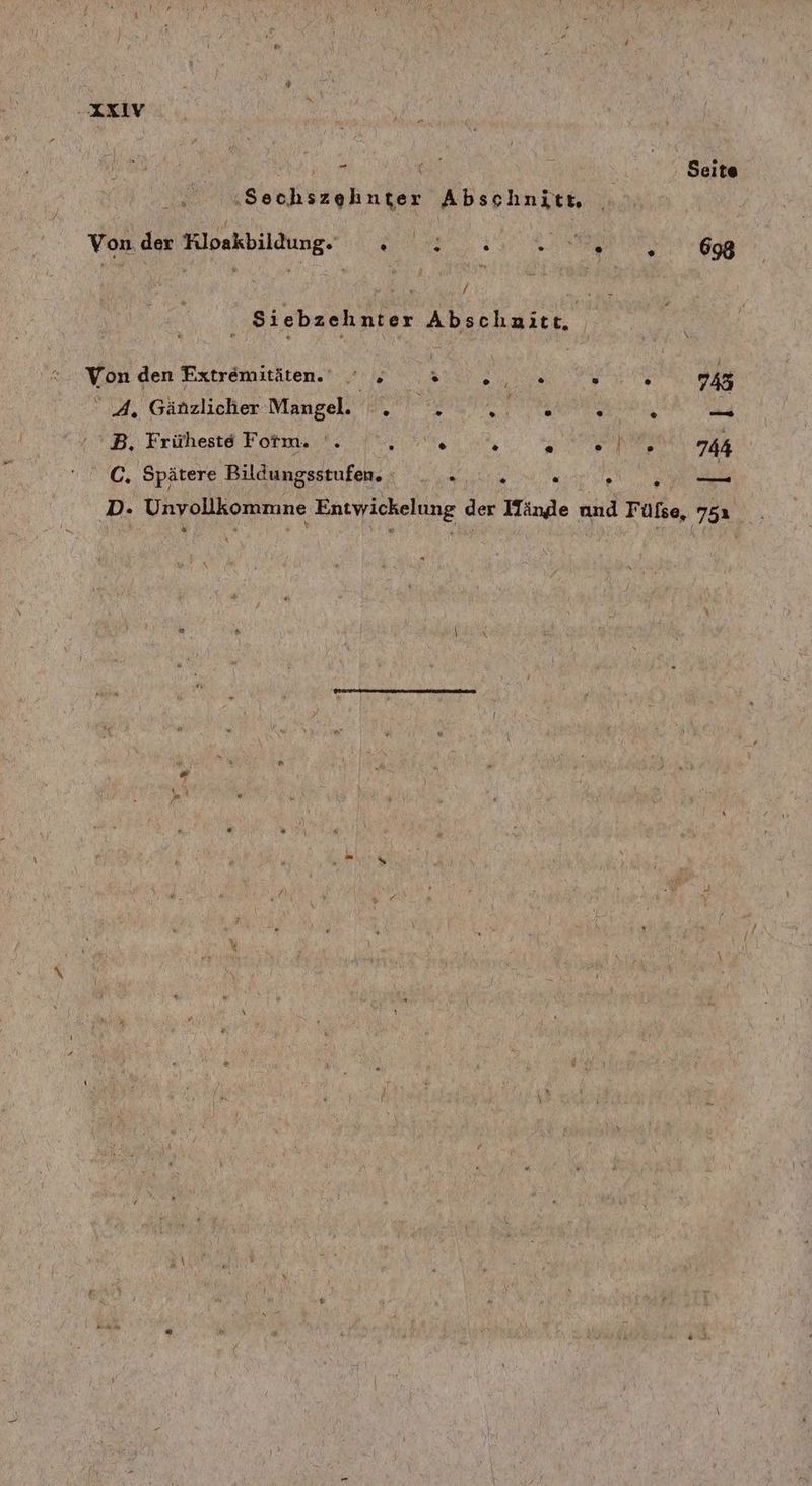 . XxIv \ p u. | | Seite ‚Sechszehnter Abschnitt, Von der Kloakbildung. . 2: 22. 02 0722.698 Siebzehnter Abschnitt, Von den Extremitäten. . . RR . ö Ag A. Gänzlicher Mangel. . e ERETTER a R B. Früheste Form. '. Y . ; j le 744 C. Spätere Bildungsstufen. AURFUR EN . u! D. Unyollkommne REN OBERUhE der Hände und Fülse, 751