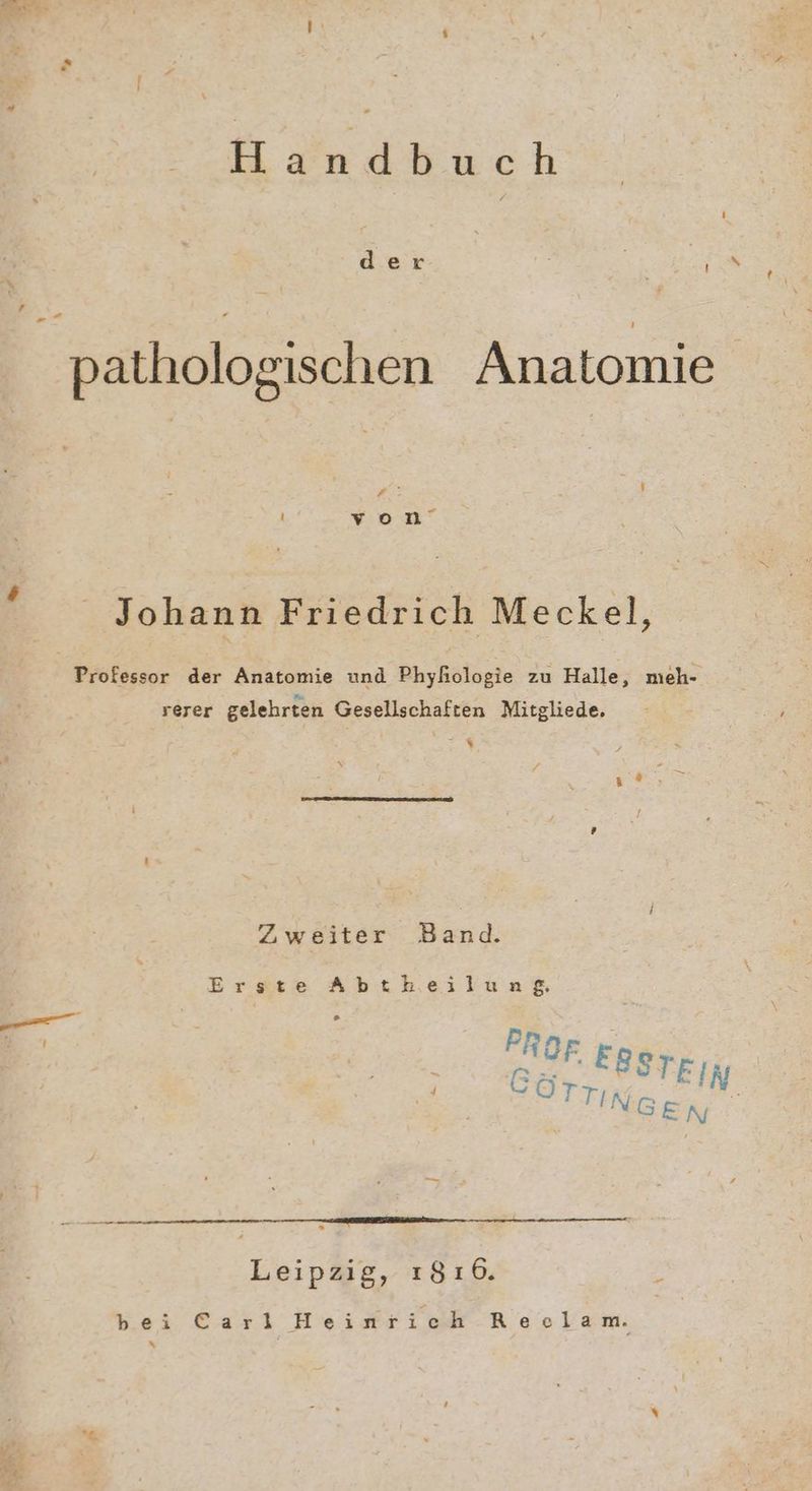EEE der ET f “ En pathologischen Anatomie | 2 . To” Johann Friedrich Meckel, Professor der Anatomie und Phyhologie zu Halle, meh- rerer gelehrten Gesellschaften Mitgliede, er Zweiter Band. Erste Abtheilung, | | P | ann En Leipzig, 1816. a bei Earl Heinrich Reclam. x
