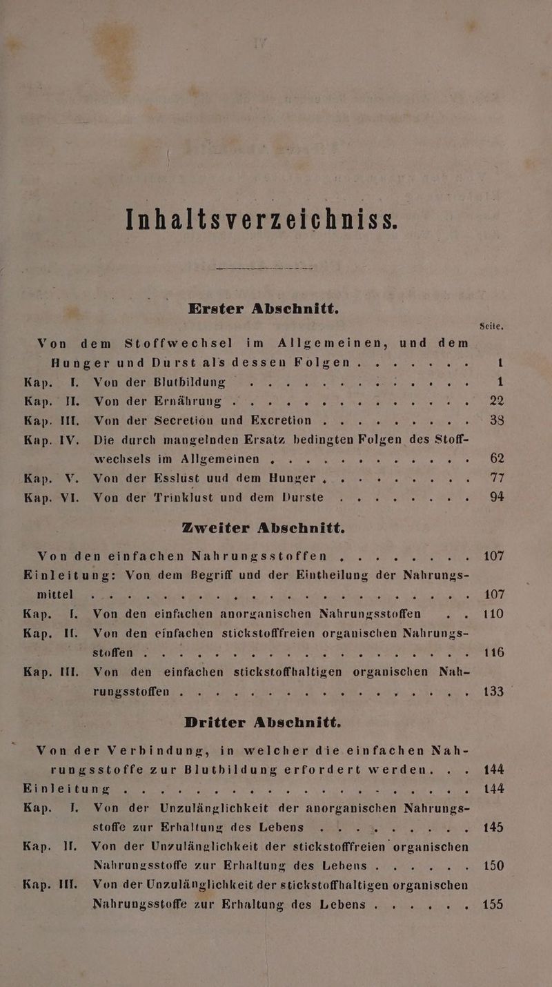 Inhaltsverzeichniss. Erster Abschnitt. Von dem Stoffwechsel im Allgemeinen, und dem Hunger und Durstals dessen Folgen. . . x... Kar revon dersBlutbildung 3% Nun tan nen. 96 Beharon ver EfnäahruneT2 5 Aare ne Kap. II. Von der Secretion und Excretion . .» 2 2 2 2 2. Kap. IV. Die durch mangelnden Ersatz bedingten Folgen des Stoff- wechsels im Allgemeinen N ze Kap. V. Von der Esslust und dem Hunger , . » 2 2. 2 2° Kap. VI. Von der Trinklust BROFUCm. DRTSTE. te Wide Res Zweiter Abschnitt. Von den einfachen Nahrungsstoffen „ . 2... Einleitung: Von dem Begriff und der Eintheilung der Nahrungs- ae re a a Fa ee a ine Kap. I. Von den einfachen anorganischen Nahrungsstoffen Be Kap. I. Von den einfachen stickstoflfreien organischen Nahrungs- Su Lat gr Aue ha Srsaa s MarBi are i Kap. III. Von den einfachen stickstoffhaltigen organischen Nah- BE en N a ne Dritter Abschnitt. Von der Verbindung, in welcher die einfachen Nah- rungsstoffe zur Blutbildung erfordert werden. . . ee ee Kae ee, iete Kap. I. Von der Unzulänglichkeit der anorganischen Nahrungs- stoffe zur Erhaltung‘ des Lebens 2 2. WR. Kap. If. Von der Unzulänglichkeit der stickstofffreien organischen Nührungsstoffe zur Erhaltung des Lebens . Kap. IM. Von der Unzulänglichkeit der stickstoffhaltigen organischen Nahrungsstoffe zur Erhaltung des Lebens . . . 2... Seile, 107 107 110 116 133 144 144 145 150 155