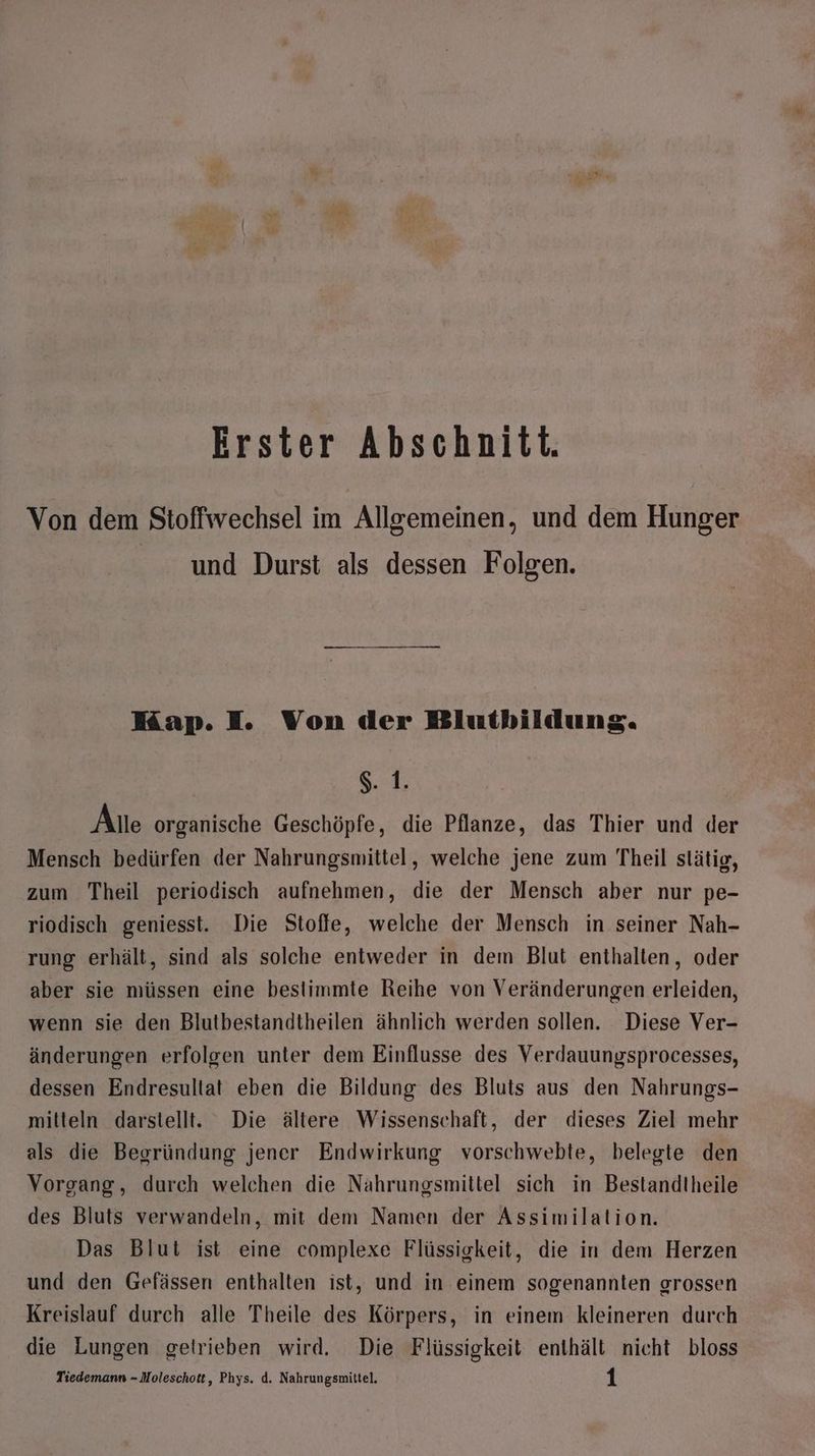 Erster Abschnitt. Von dem Stoffwechsel im Allgemeinen, und dem Hunger und Durst als dessen Folgen. Kap. I Von der Blutbildung. $. 1. Alte organische Geschöpfe, die Pflanze, das Thier und der Mensch bedürfen der Nahrungsmittel, welche jene zum Theil stätig, zum Theil periodisch aufnehmen, die der Mensch aber nur pe- riodisch geniesst. Die Stoffe, welche der Mensch in seiner Nah- rung erhält, sind als solche entweder in dem Blut enthalten, oder aber sie müssen eine bestimmte Reihe von Veränderungen erleiden, wenn sie den Blutbestandtheilen ähnlich werden sollen. Diese Ver- änderungen erfolgen unter dem Einflusse des Verdauungsprocesses, dessen Endresultat eben die Bildung des Bluts aus den Nahrungs- mitteln darstellt. Die ältere Wissenschaft, der dieses Ziel mehr als die Begründung jener Endwirkung vorschwebte, belegte den Vorgang, durch welchen die Nahrungsmittel sich in Bestandtheile des Bluts verwandeln, mit dem Namen der Assimilation. Das Blut ist eine complexe Flüssigkeit, die in dem Herzen und den Gefässen enthalten ist, und in einem sogenannten grossen Kreislauf durch alle Theile des Körpers, in einem kleineren durch die Lungen getrieben wird. Die Flüssigkeit enthält nicht bloss Tiedemann - Moleschott, Phys. d. Nahrungsmittel, 1